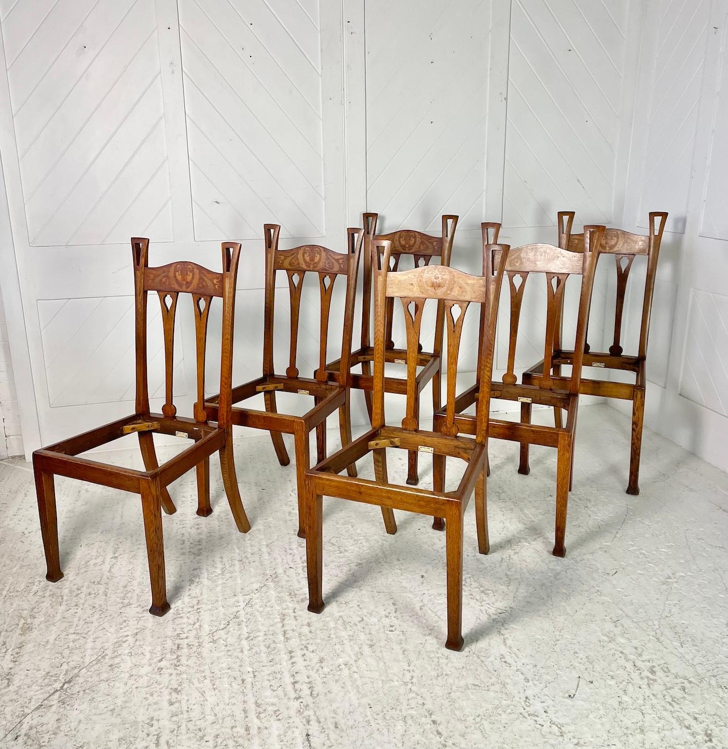 Arts & Crafts Set of 6 Inlaid Oak Dining Chairs 2