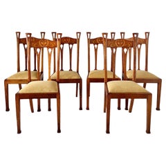 Arts & Crafts Set of 6 Inlaid Oak Dining Chairs