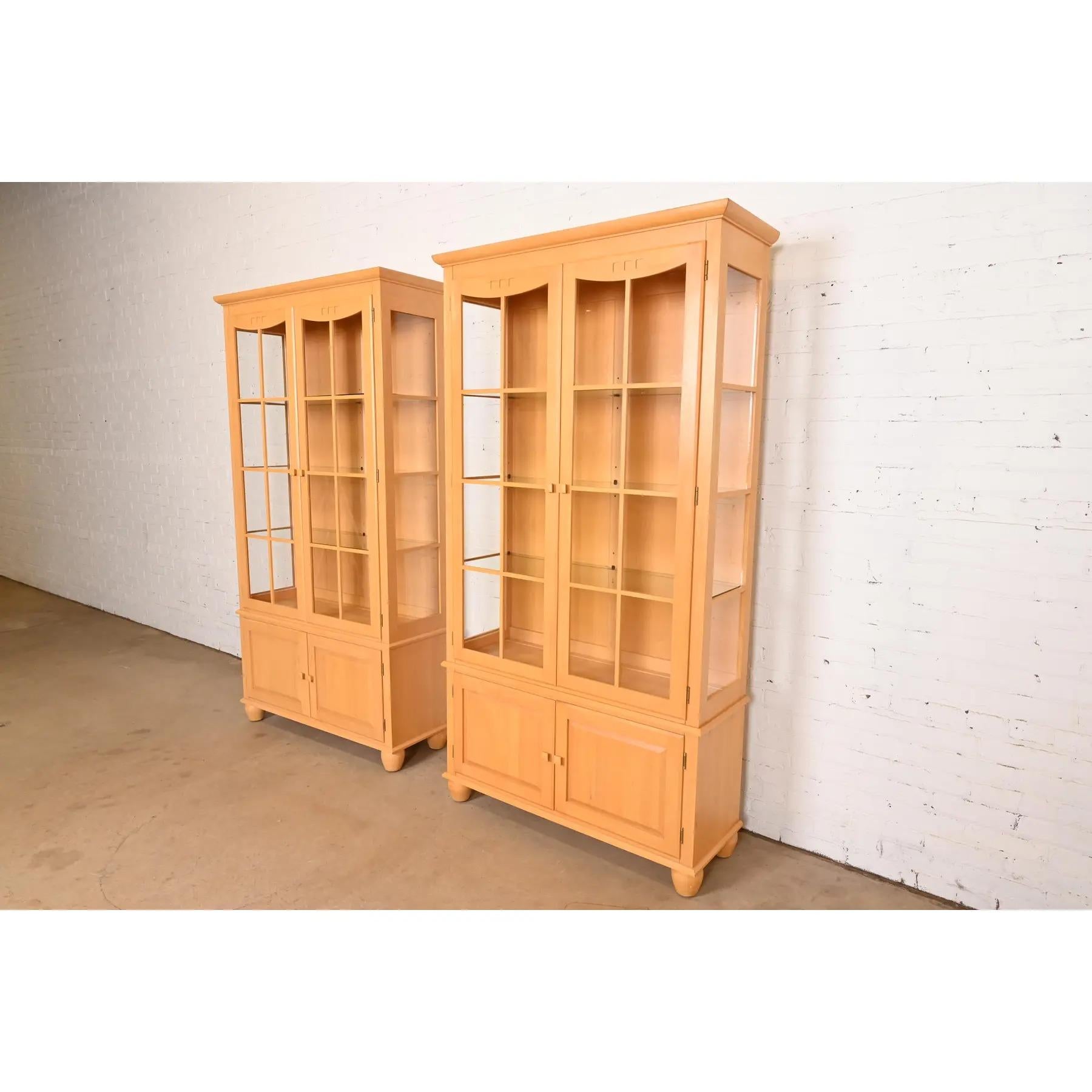 American Arts & Crafts Shaker Maple Lighted Bookcase Cabinets, Pair For Sale