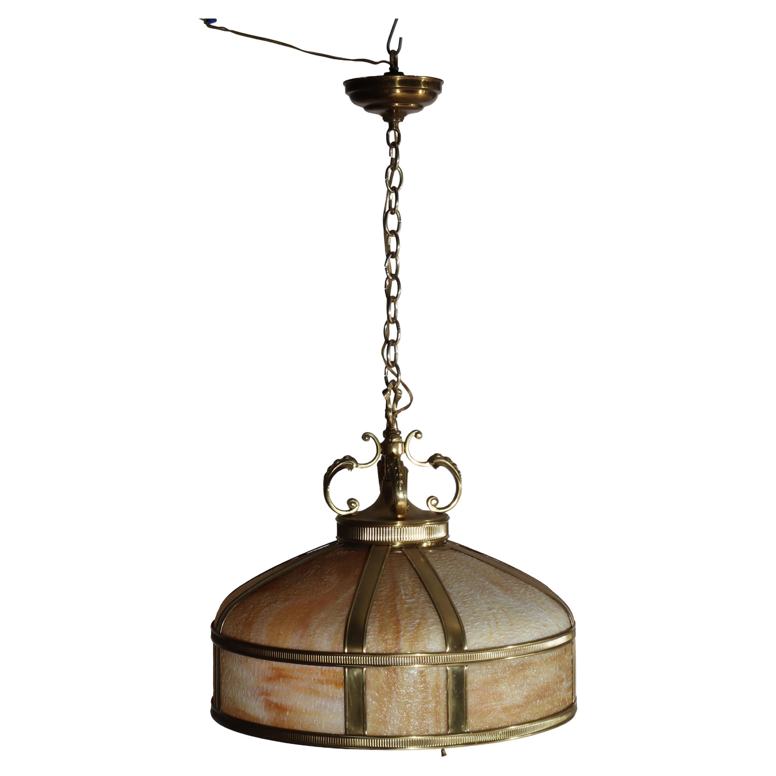 Arts & Crafts Slag Glass & Brass Dome Chandelier With Gothic Elements c1910
