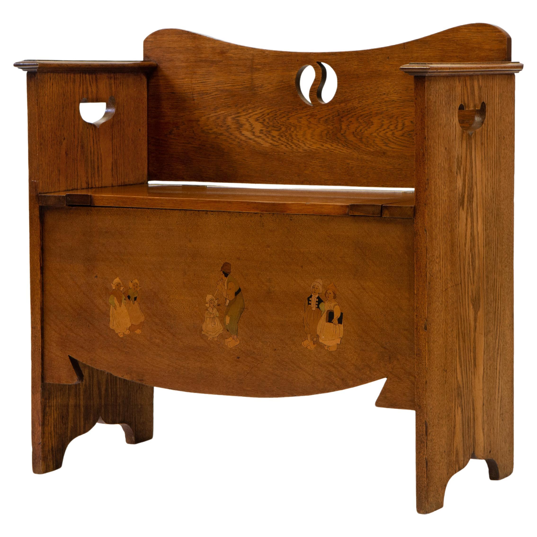 Sedile da sala in Oak di piccole dimensioni intarsiato con figure olandesi
