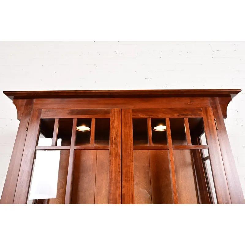 Arts & Crafts Solid Cherry Wood Lighted Bookcase or Display Cabinet For Sale 3