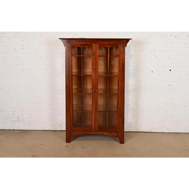 Arts and Crafts Arts & Crafts Solid Cherry Wood Lighted Bookcase or Display Cabinet For Sale