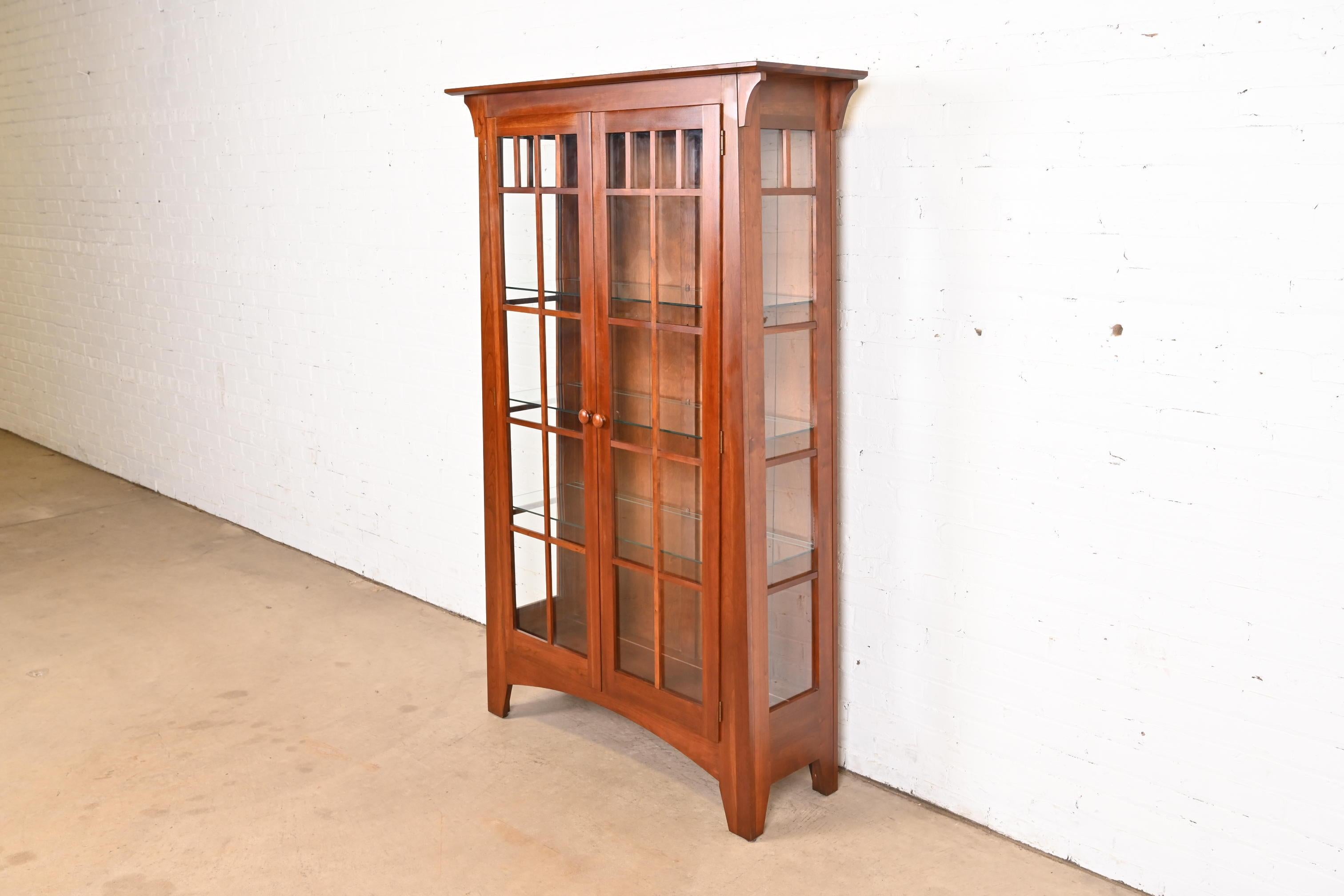 American Arts & Crafts Solid Cherry Wood Lighted Bookcase or Display Cabinet