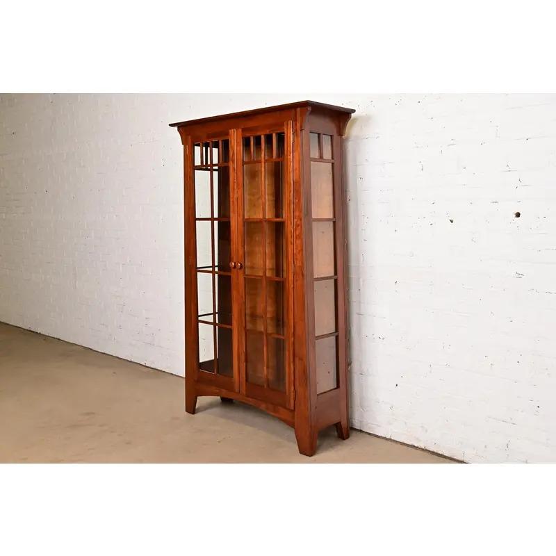 American Arts & Crafts Solid Cherry Wood Lighted Bookcase or Display Cabinet For Sale