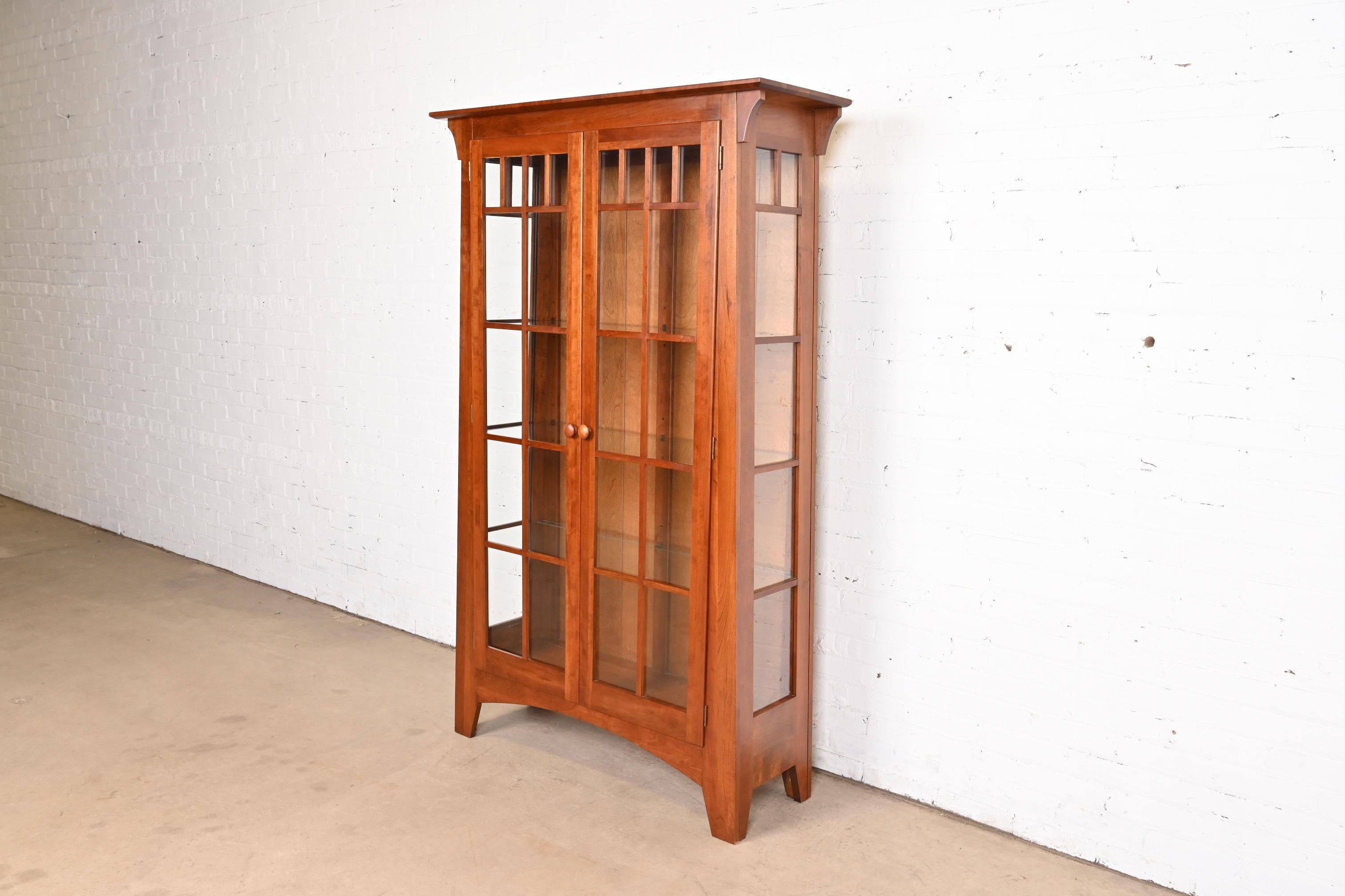Arts & Crafts Solid Cherry Wood Lighted Bookcase or Display Cabinet In Good Condition In South Bend, IN