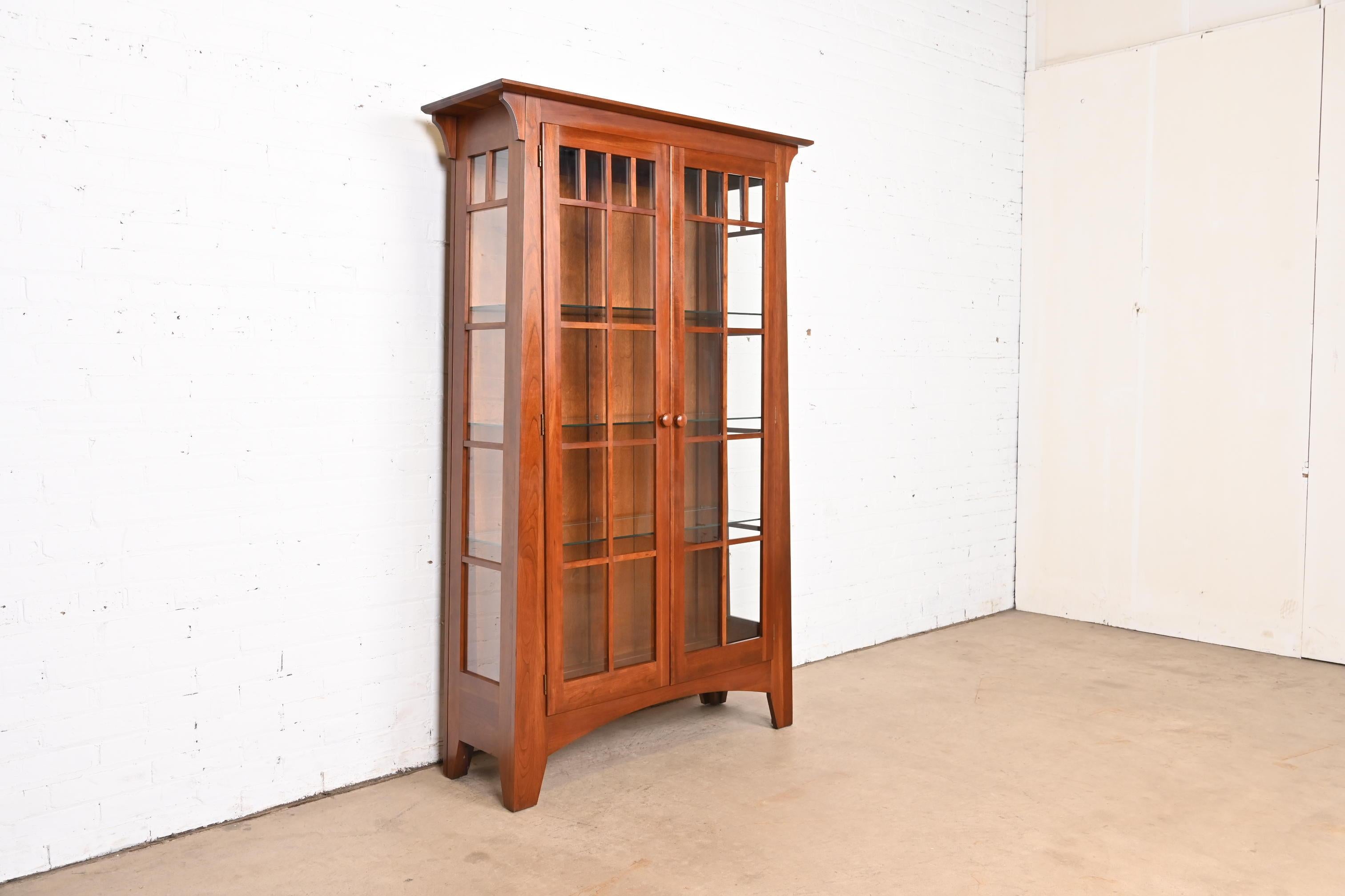 Arts & Crafts Solid Cherry Wood Lighted Bookcase or Display Cabinet In Good Condition In South Bend, IN