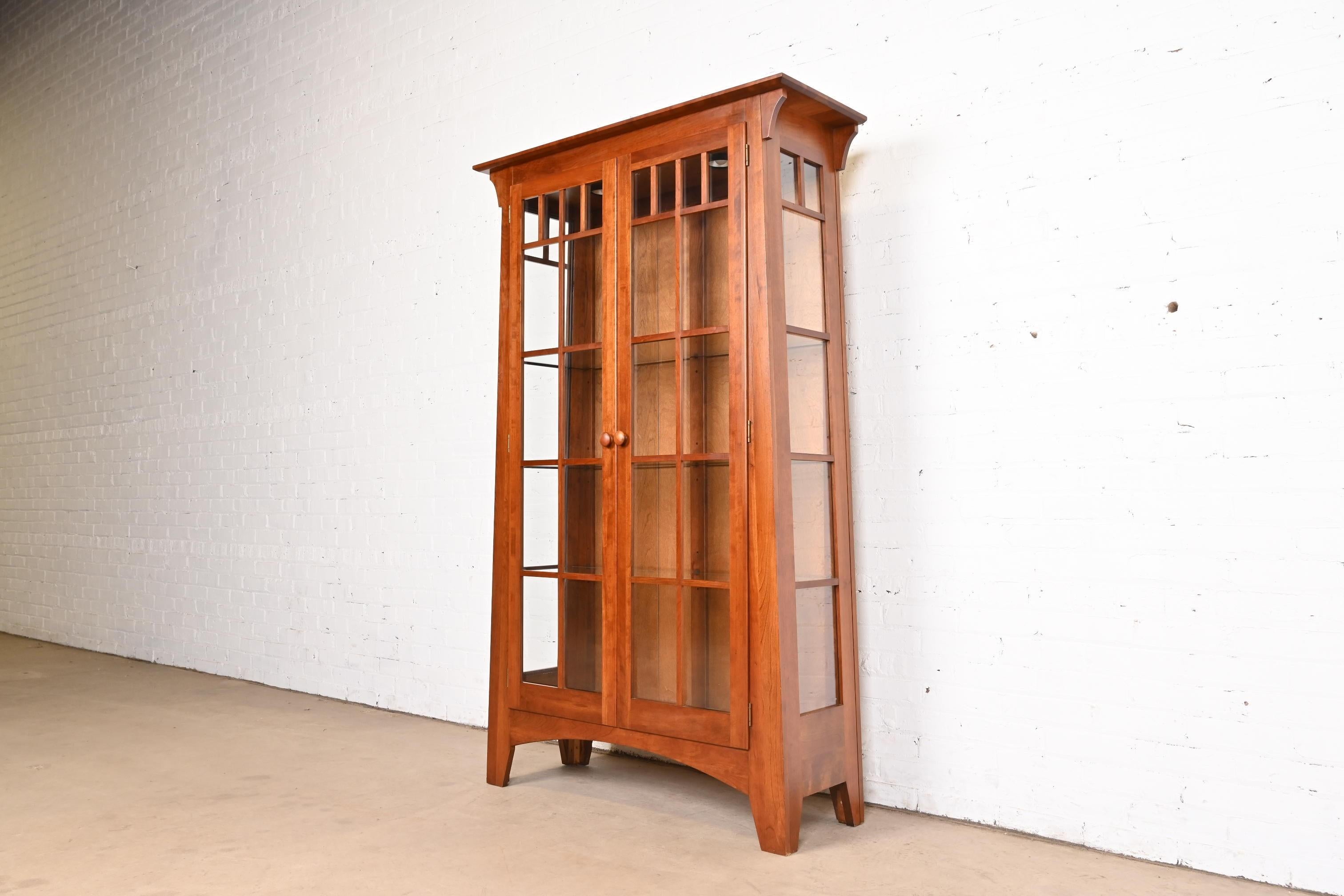 Late 20th Century Arts & Crafts Solid Cherry Wood Lighted Bookcase or Display Cabinet