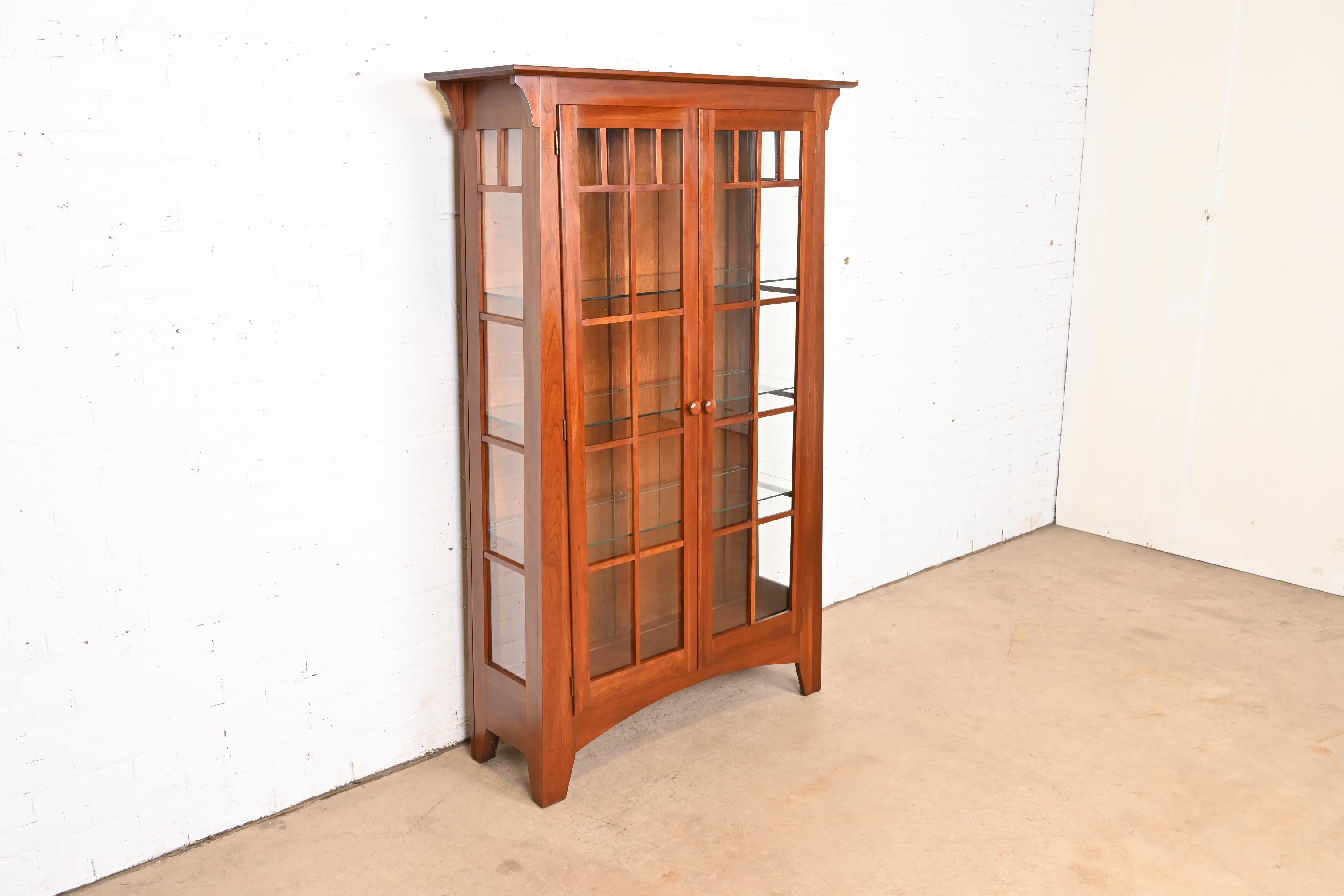 20th Century Arts & Crafts Solid Cherry Wood Lighted Bookcase or Display Cabinet