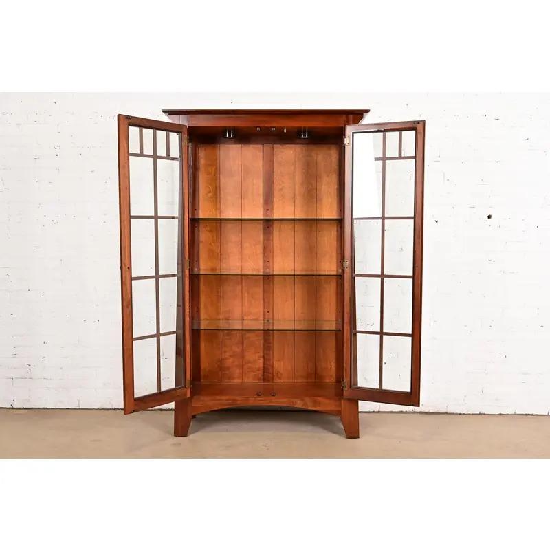 20th Century Arts & Crafts Solid Cherry Wood Lighted Bookcase or Display Cabinet For Sale