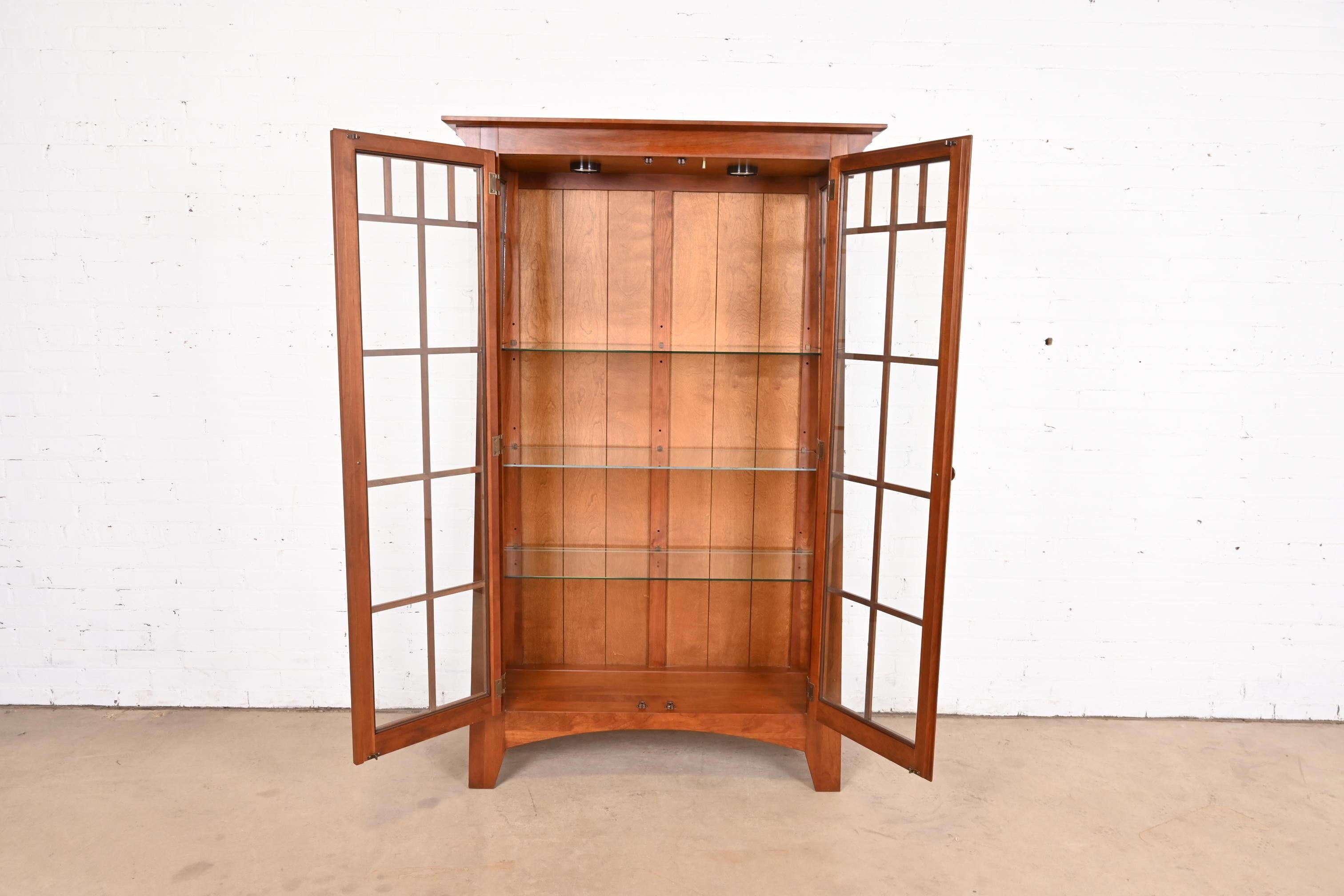 Glass Arts & Crafts Solid Cherry Wood Lighted Bookcase or Display Cabinet