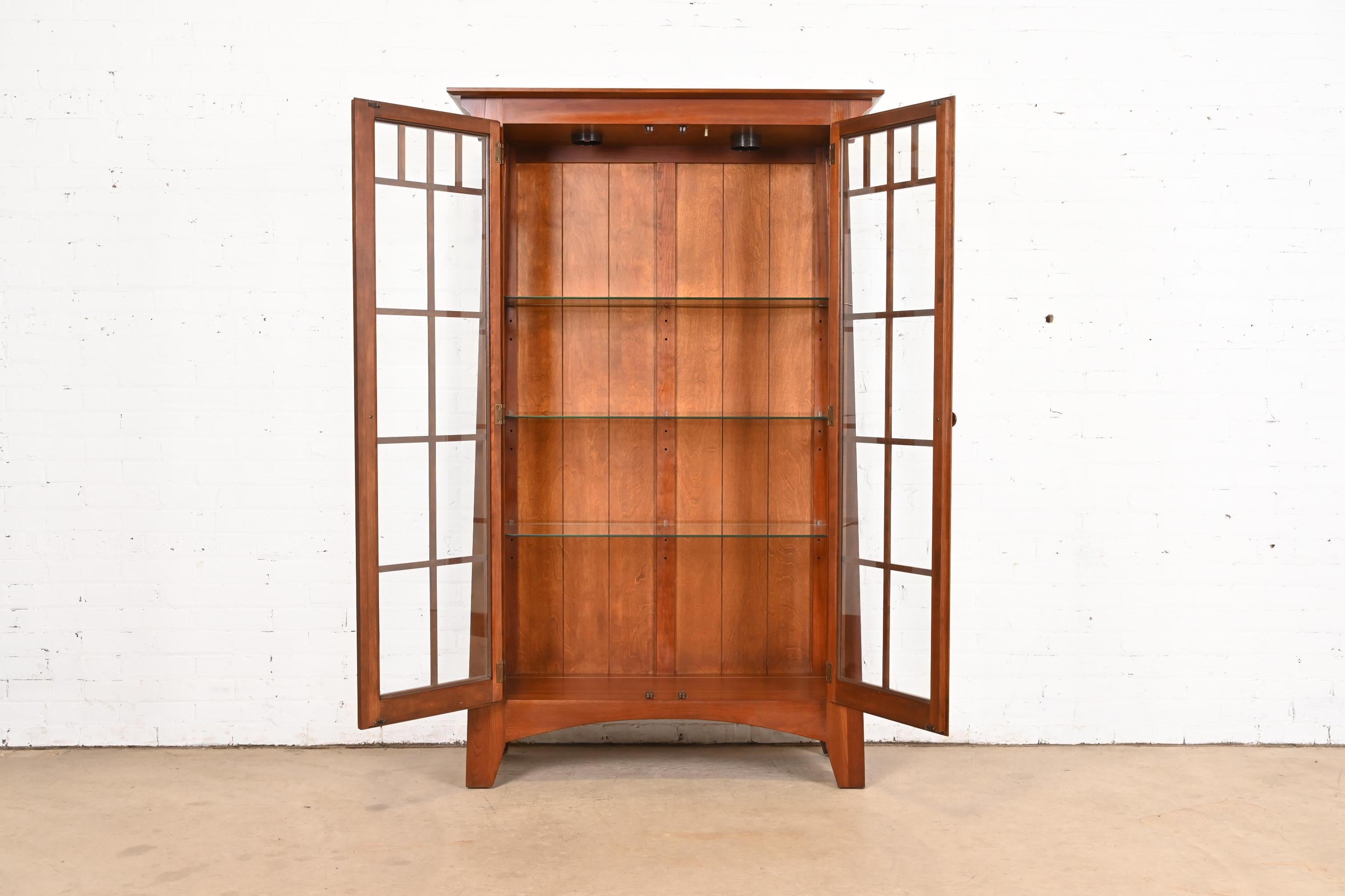 Glass Arts & Crafts Solid Cherry Wood Lighted Bookcase or Display Cabinet