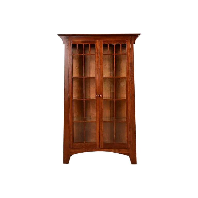 Arts & Crafts Solid Cherry Wood Lighted Bookcase or Display Cabinet For Sale
