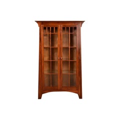 Arts & Crafts Solid Cherry Wood Lighted Bookcase or Display Cabinet