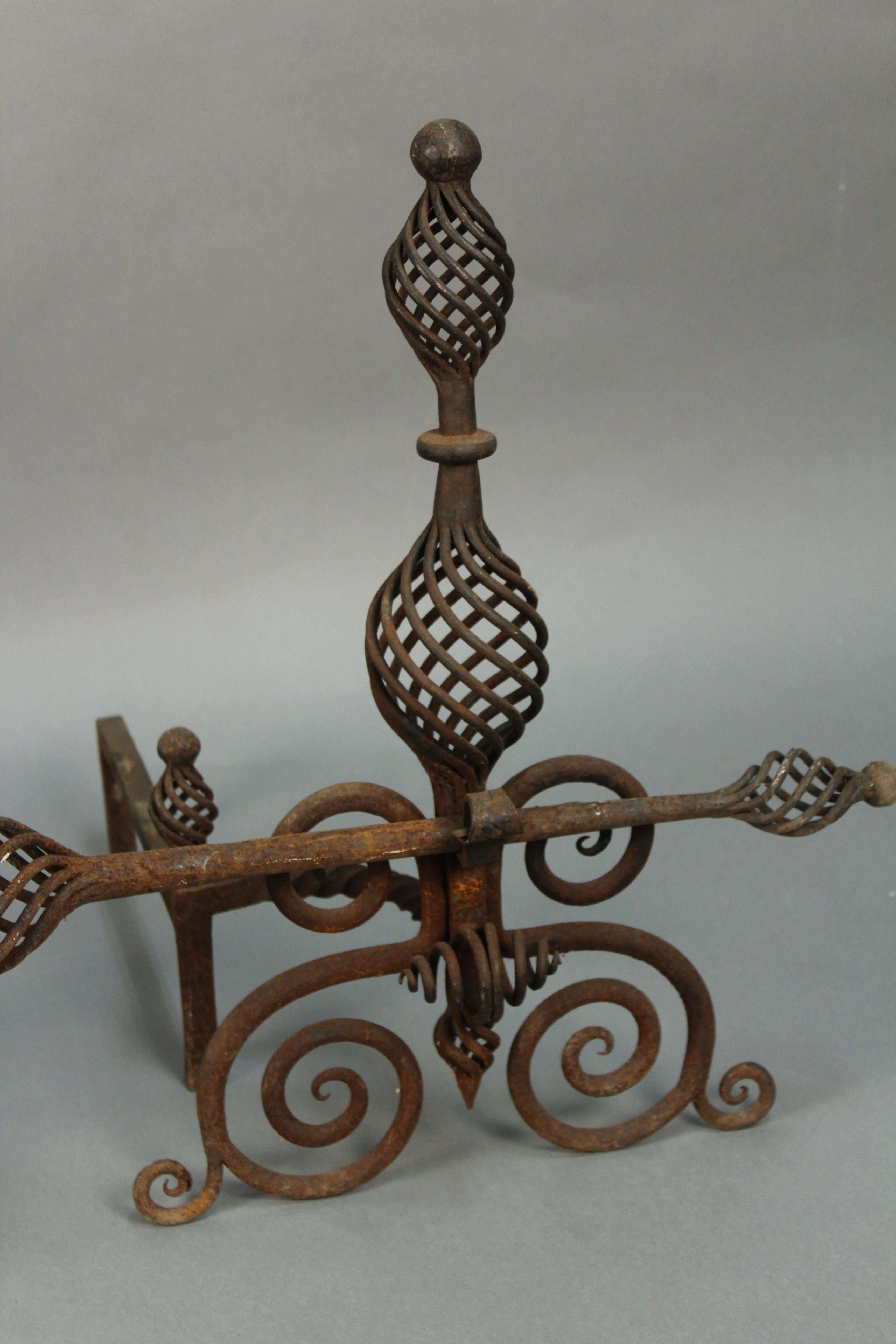 Spanish Colonial Arts & Crafts Spanish Revival Pair of 1920s Andirons Great Wrought Iron Work For Sale