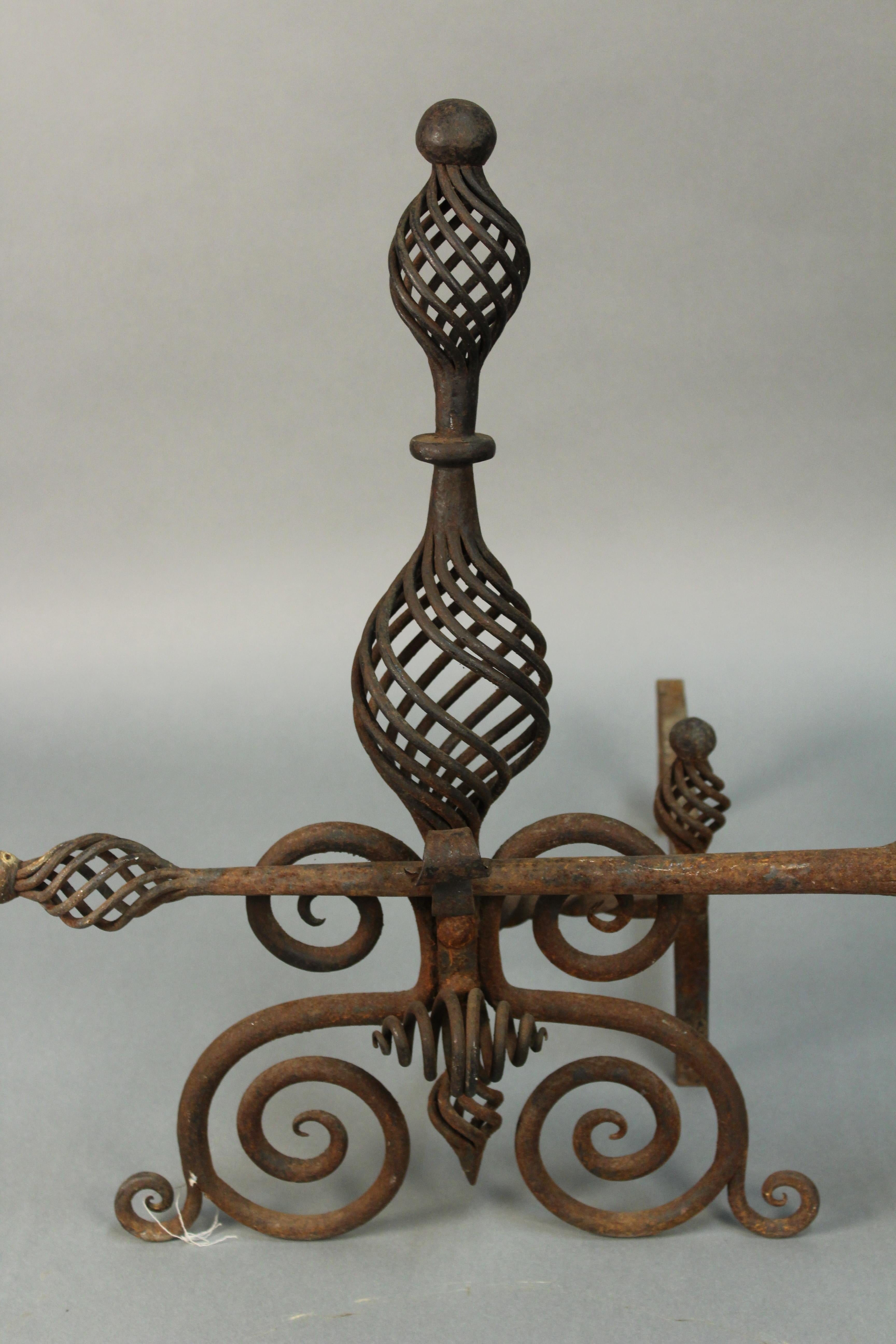Arts & Crafts Spanish Revival Pair of 1920s Andirons Great Wrought Iron Work In Good Condition For Sale In Pasadena, CA