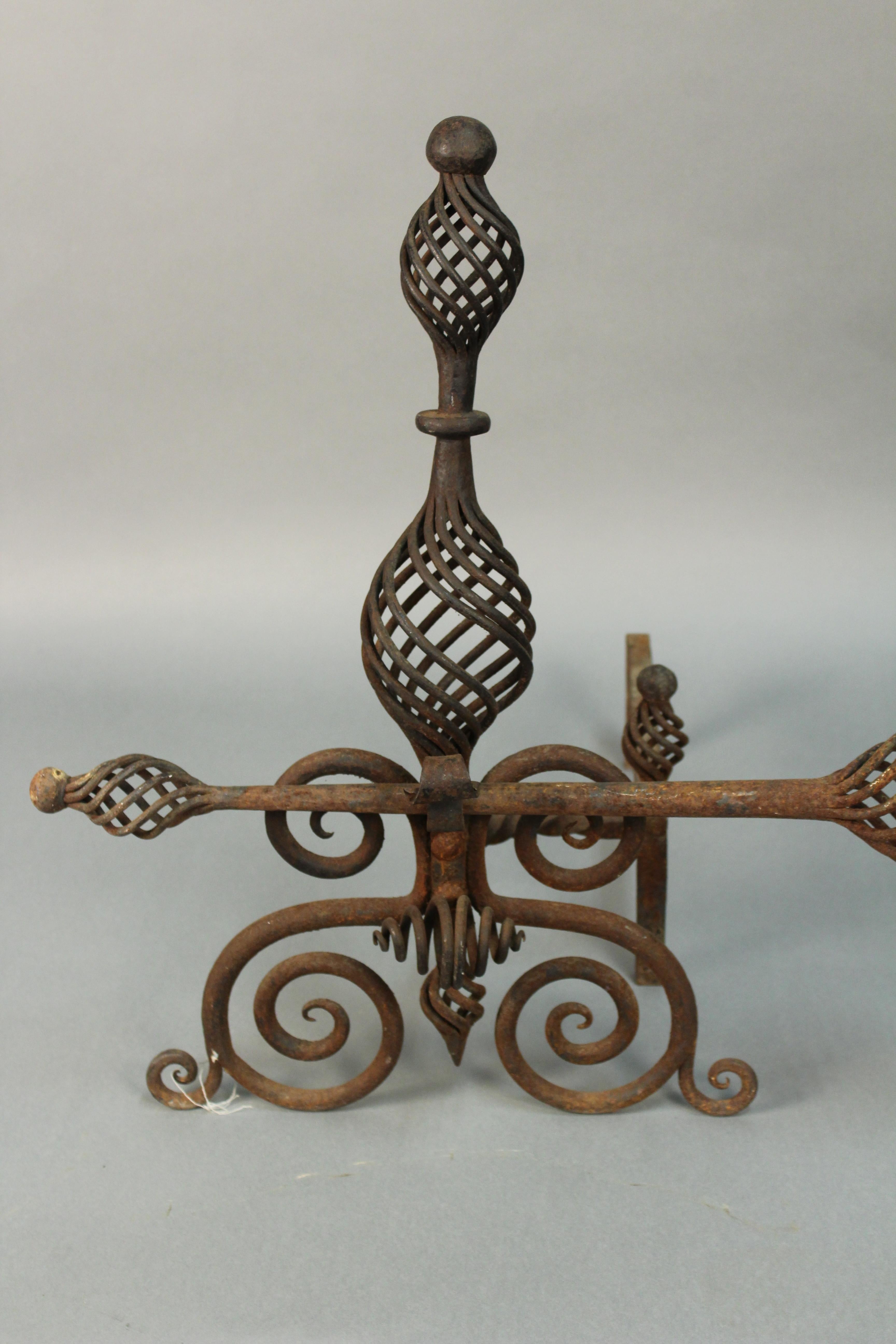 Early 20th Century Arts & Crafts Spanish Revival Pair of 1920s Andirons Great Wrought Iron Work For Sale