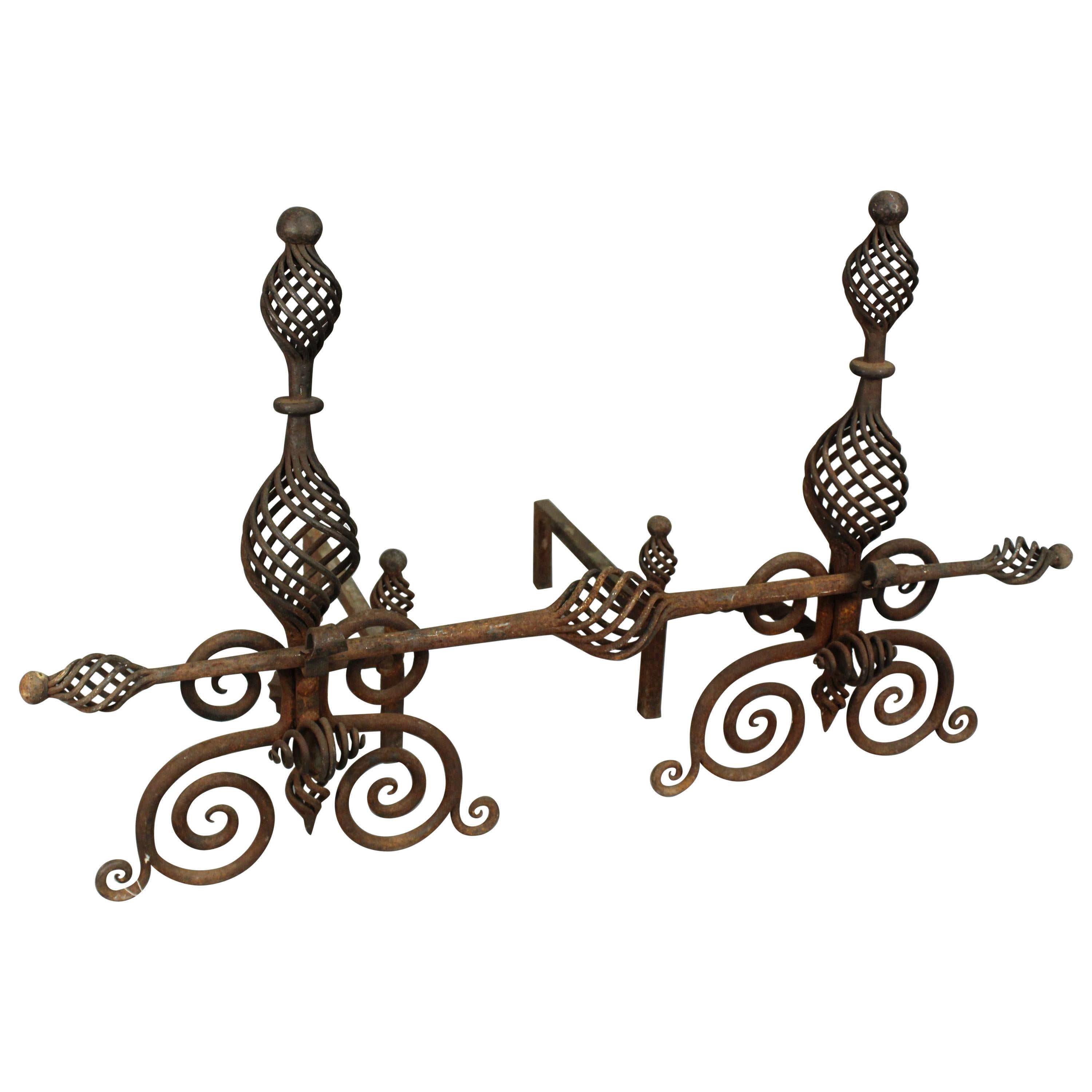 Arts & Crafts Spanish Revival Pair of 1920s Andirons Great Wrought Iron Work For Sale