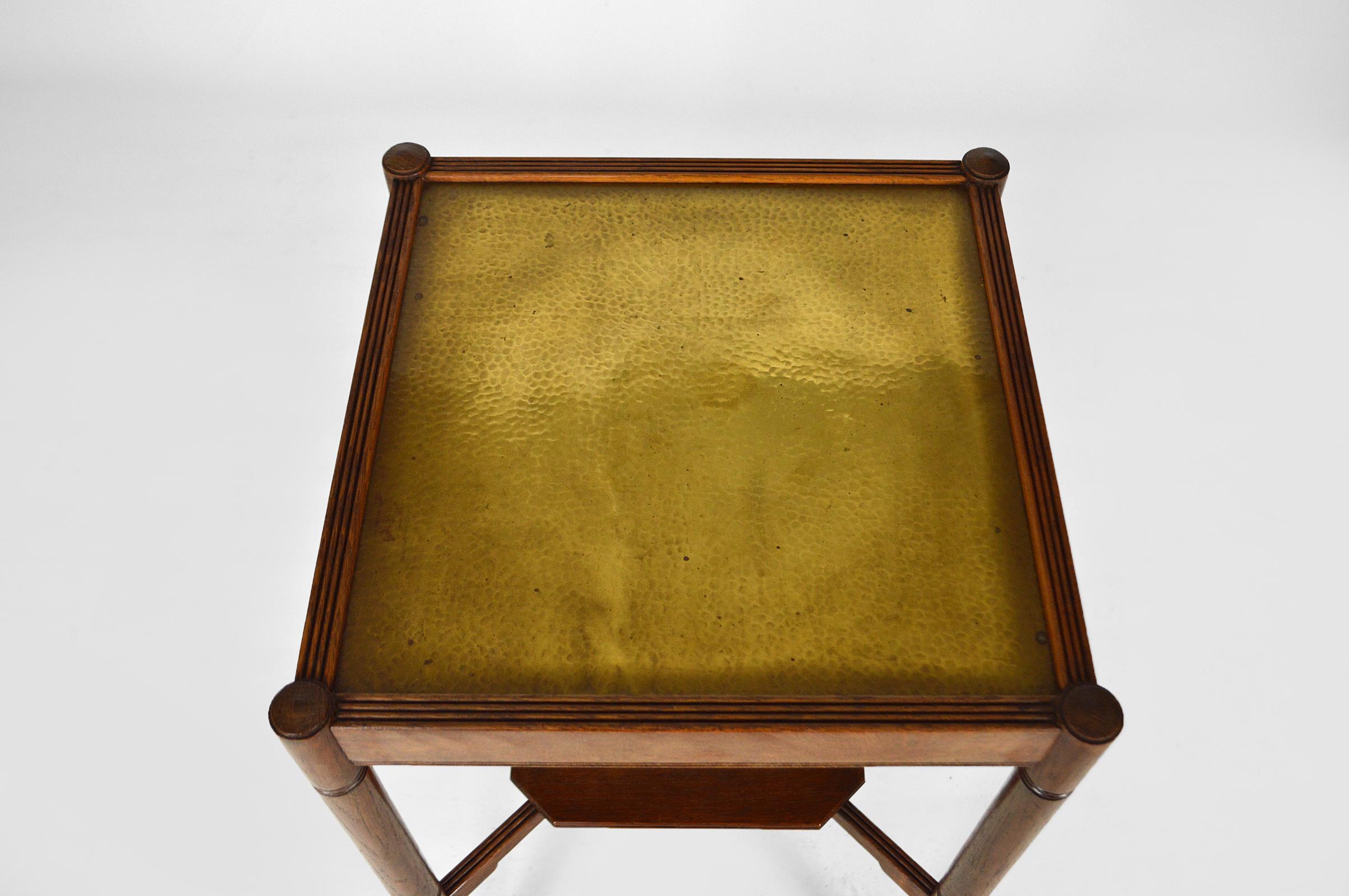 Arts & Crafts Square Pedestal Table in Oak and Brass, 19th Century For Sale 1