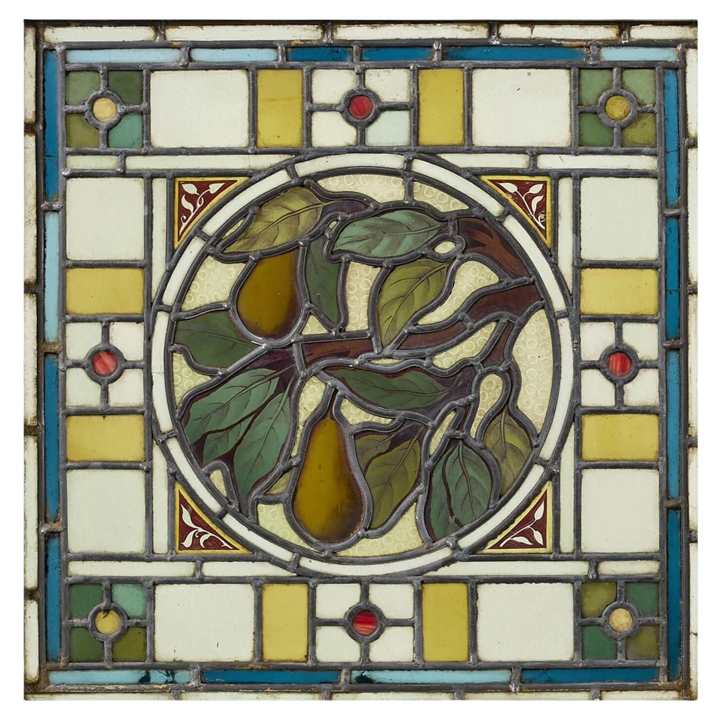 Arts 
Crafts Square Stained Glass Pear Tree Window For Sale