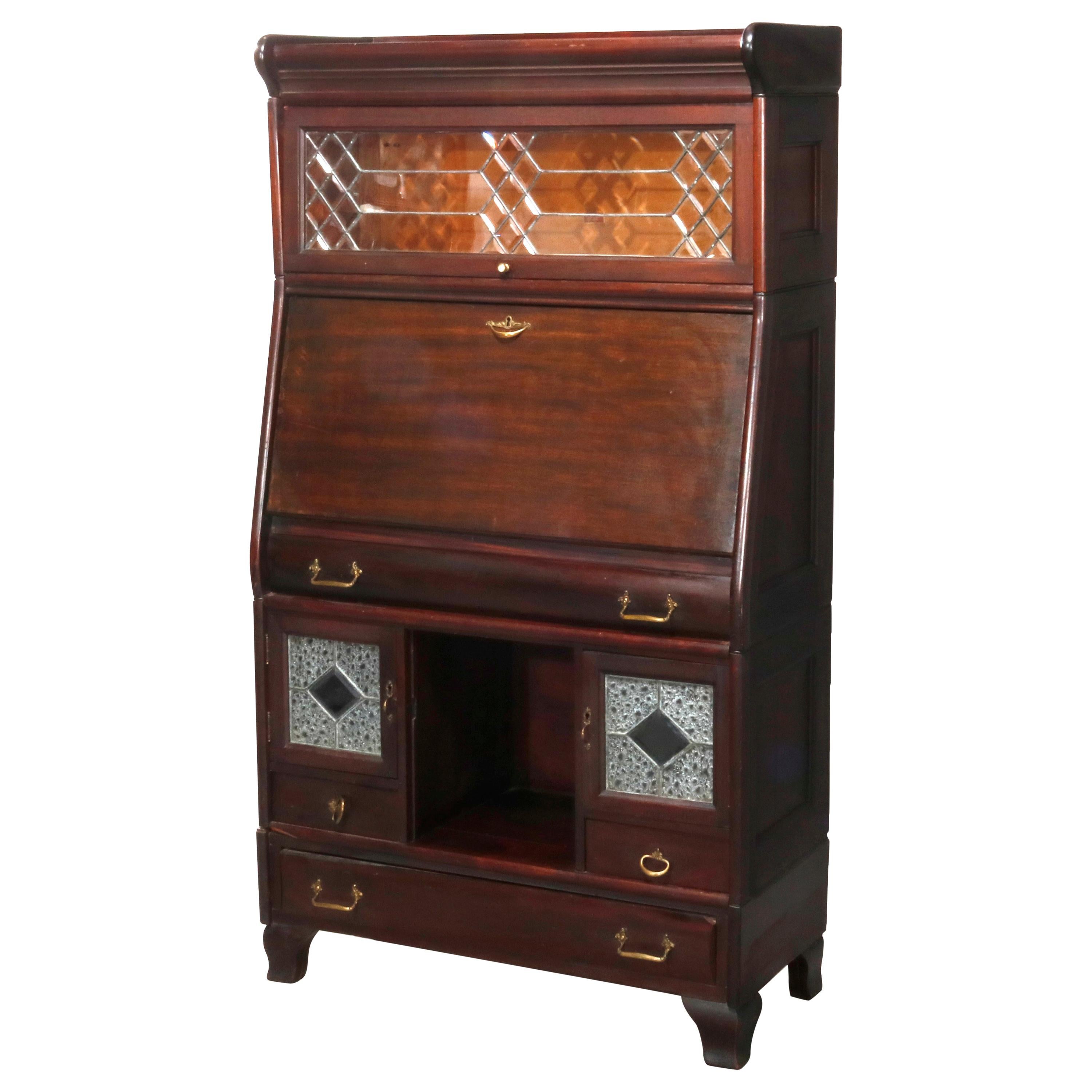 Arts & Crafts Stacking Barrister Bookcase and Desk with Leaded Glass, circa 1910