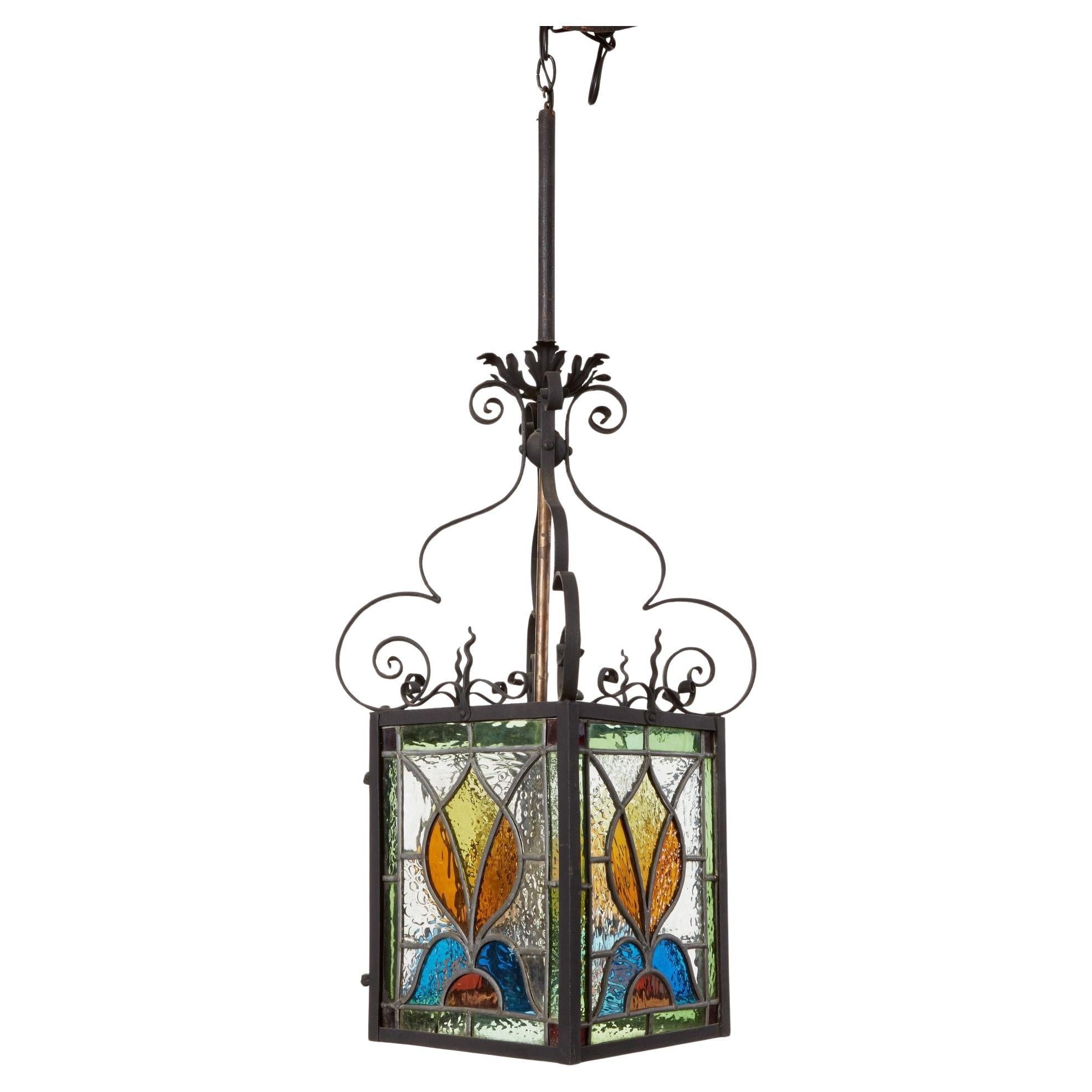 Arts & Crafts Stained Glass Hanging Lantern For Sale