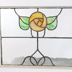 Arts & Crafts Stained Glass Transom Window With Stylized Yellow Roses c1920