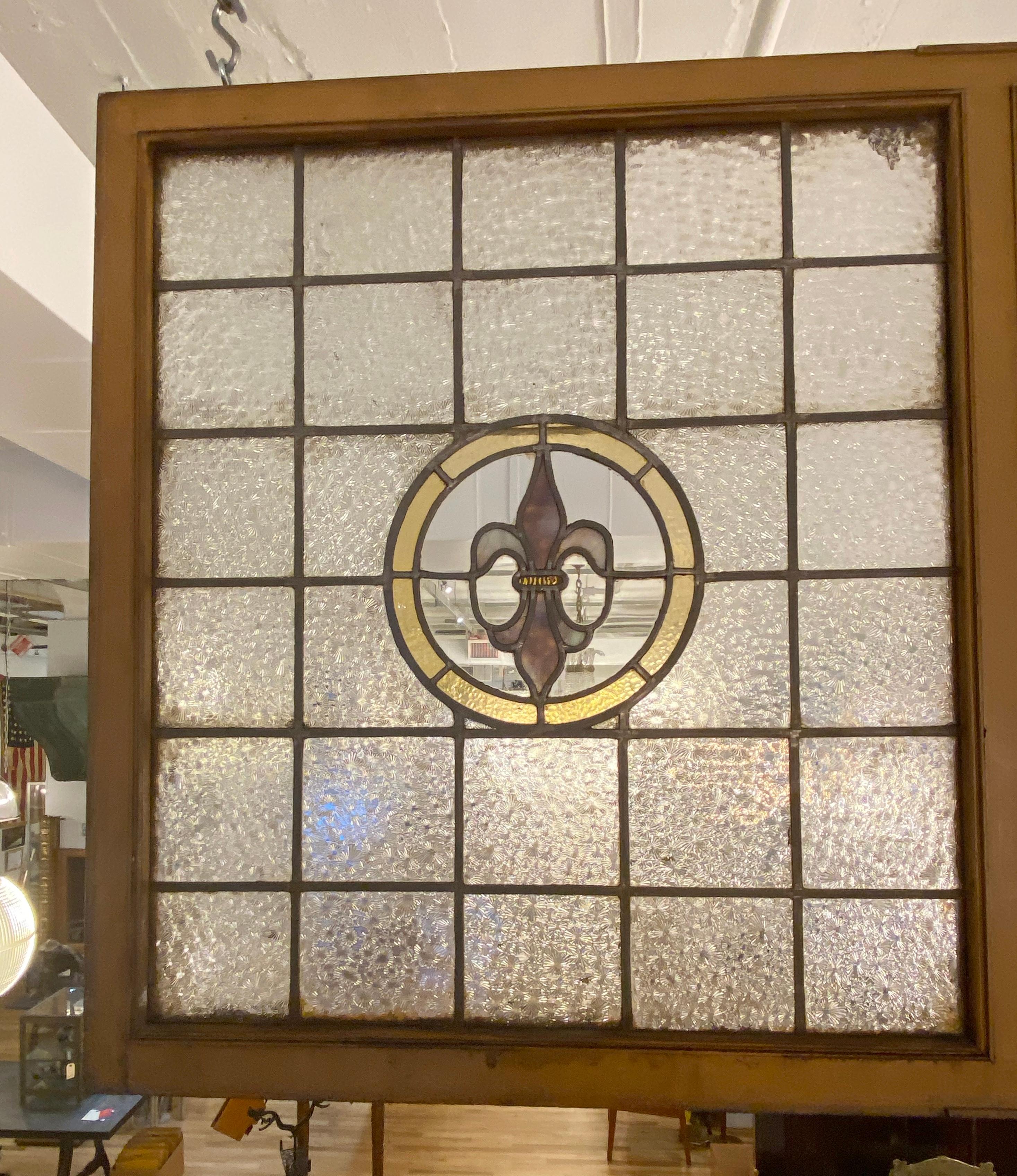 Art Deco Arts & Crafts Stained Leaded Glass Double Window Fleur de Lis Center