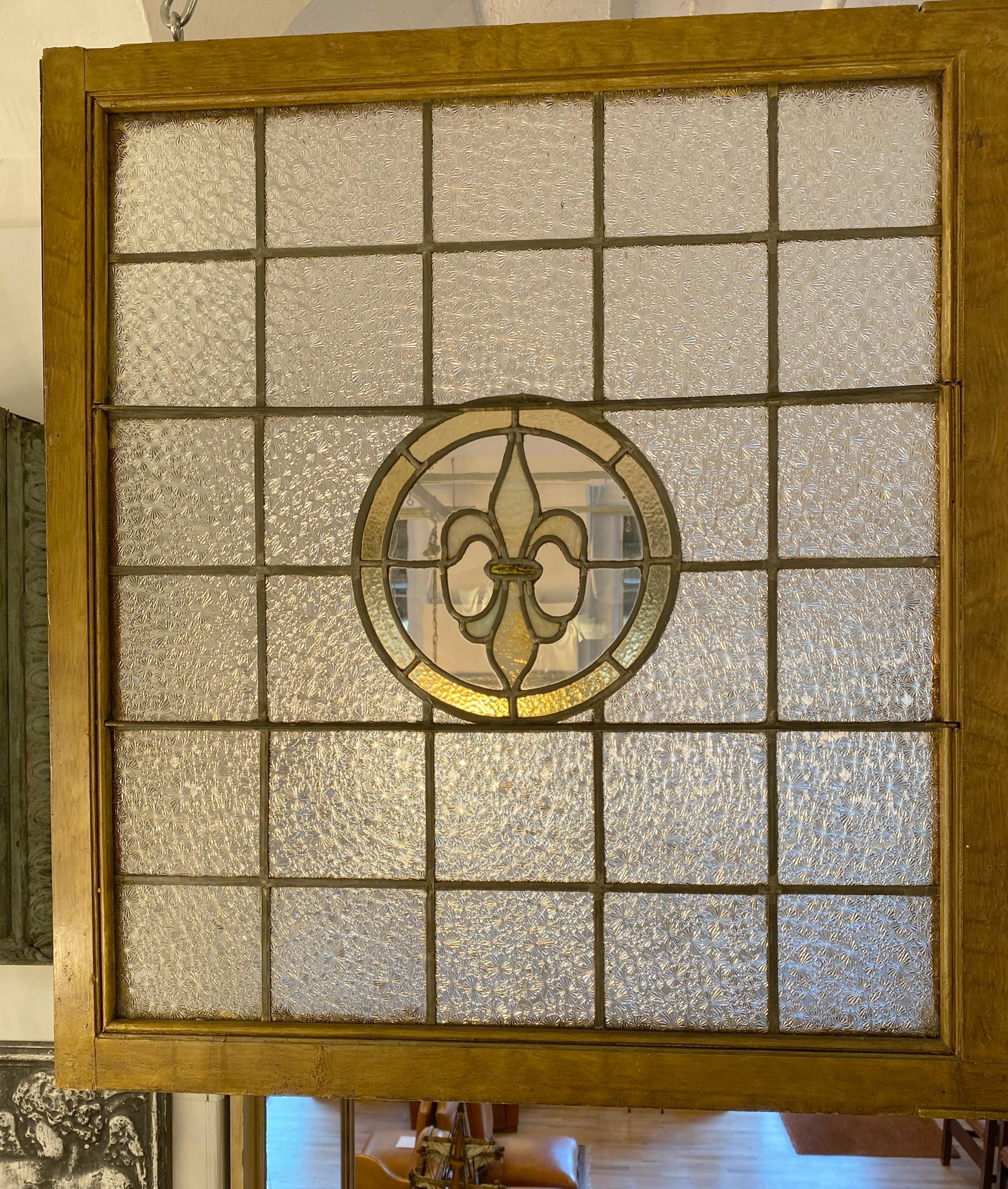 American Arts & Crafts Stained Leaded Glass Double Window Fleur de Lis Center