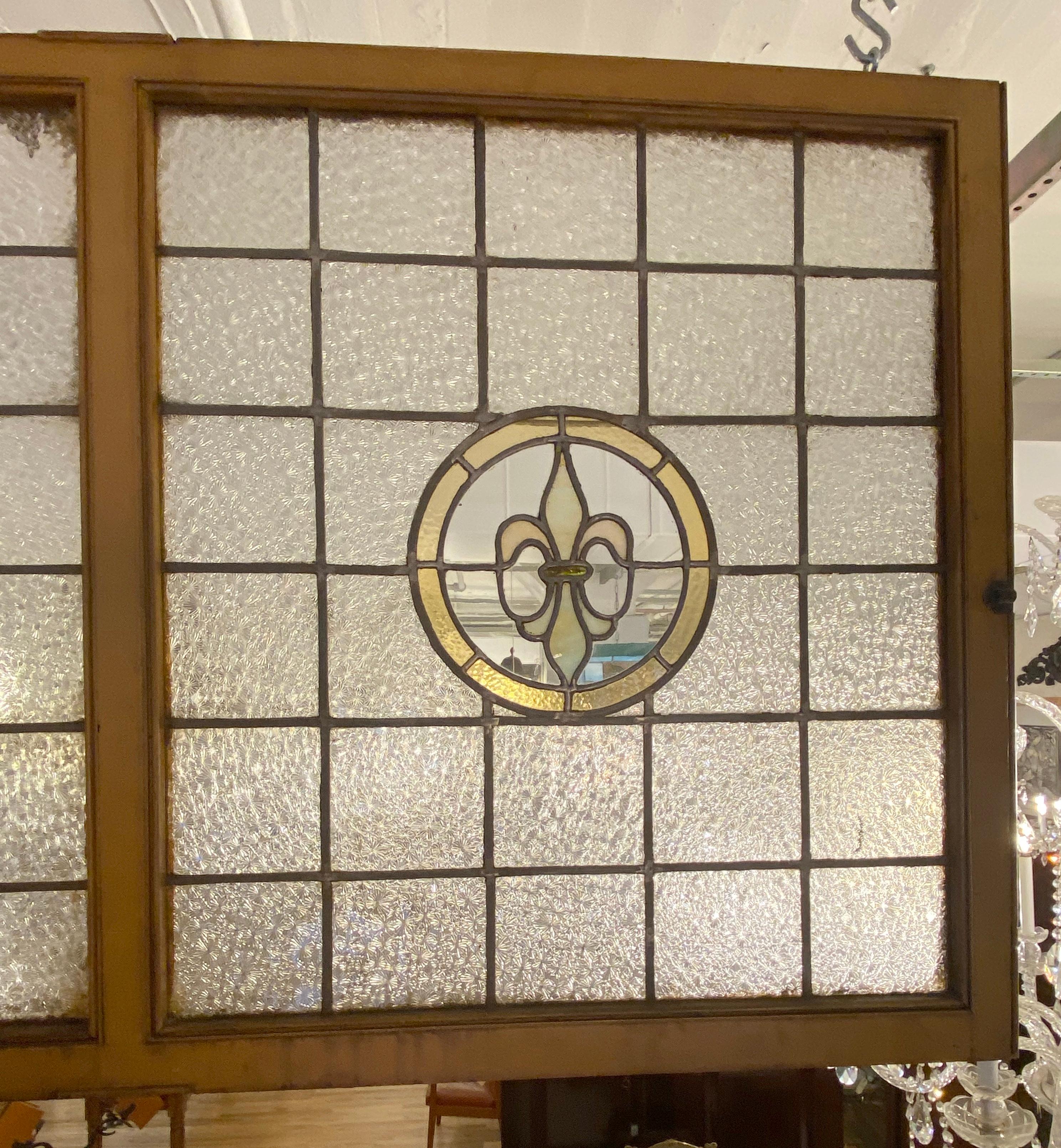 20th Century Arts & Crafts Stained Leaded Glass Double Window Fleur de Lis Center
