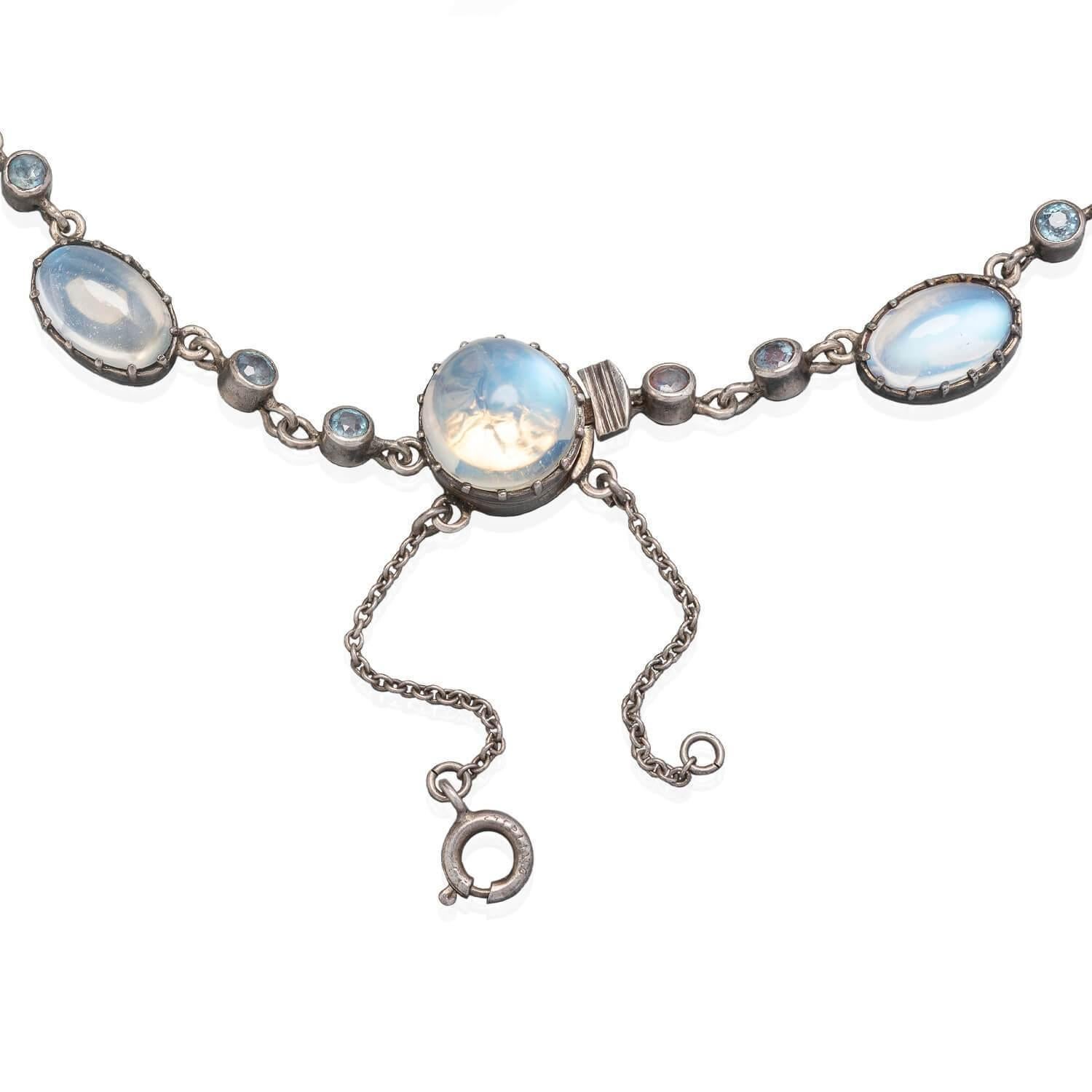 Arts and Crafts Arts & Crafts Sterling Moonstone Zircon Festoon Necklace For Sale
