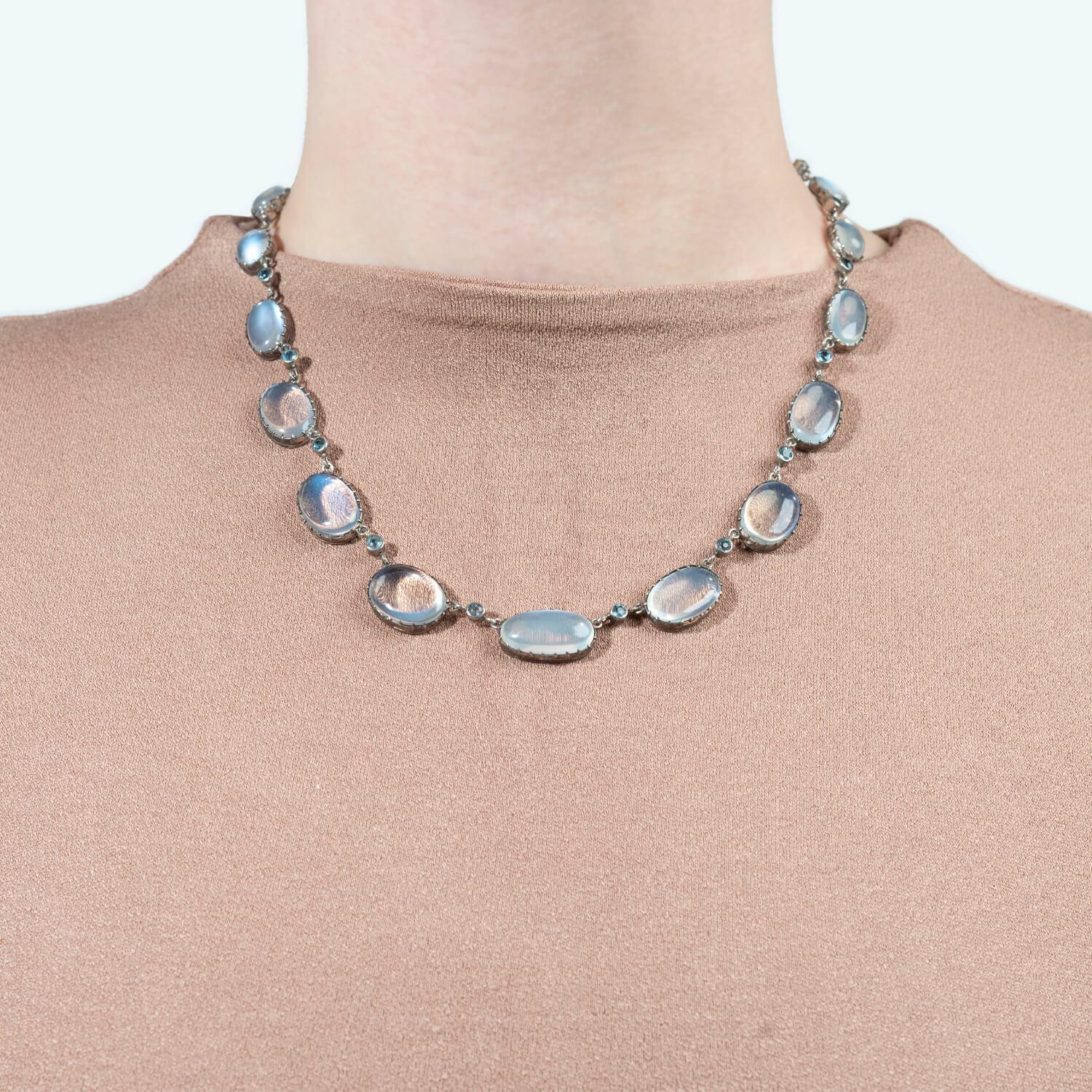 Women's Arts & Crafts Sterling Moonstone Zircon Festoon Necklace For Sale