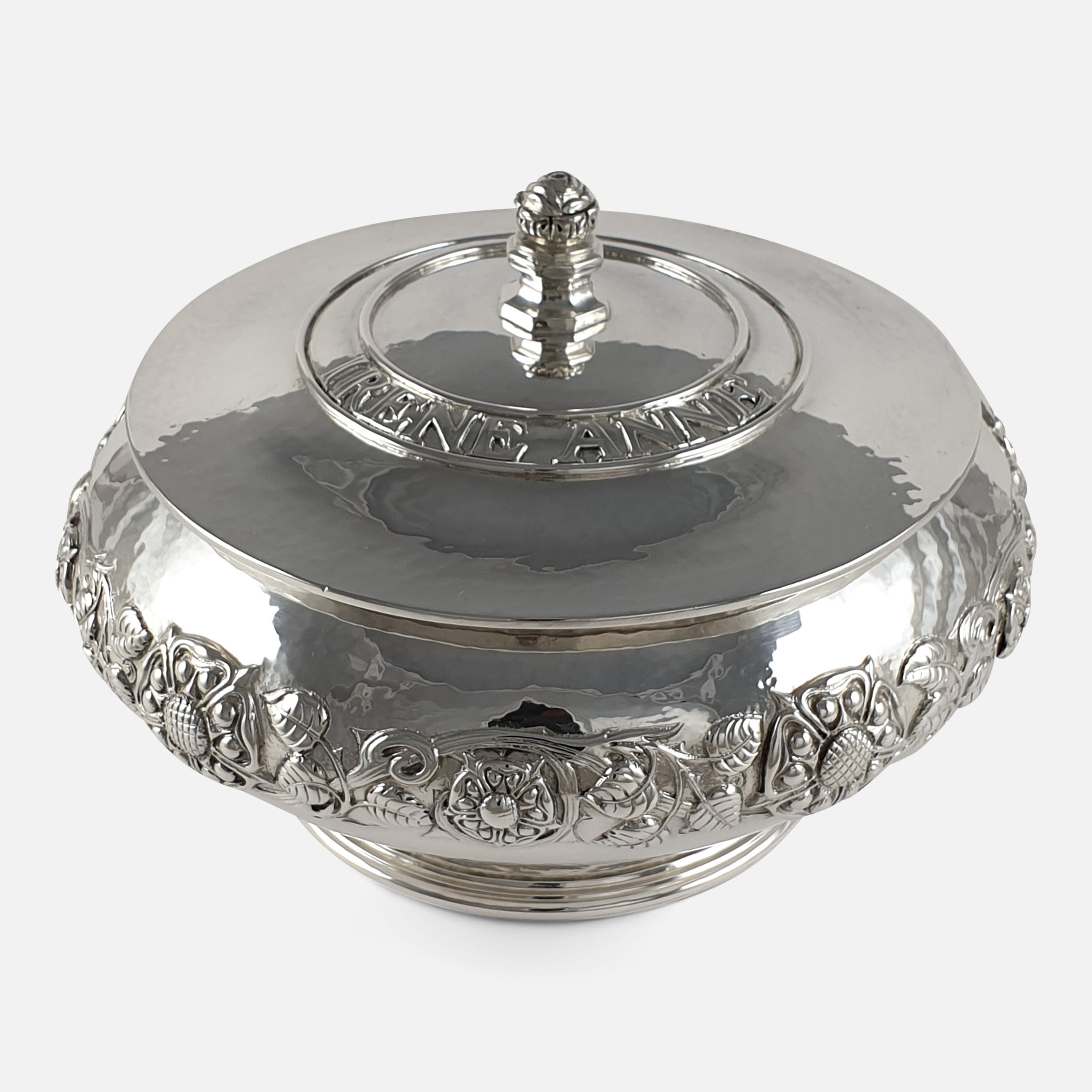 Hammered Arts & Crafts Sterling Silver Bowl and Cover, Omar Ramsden, London, 1934