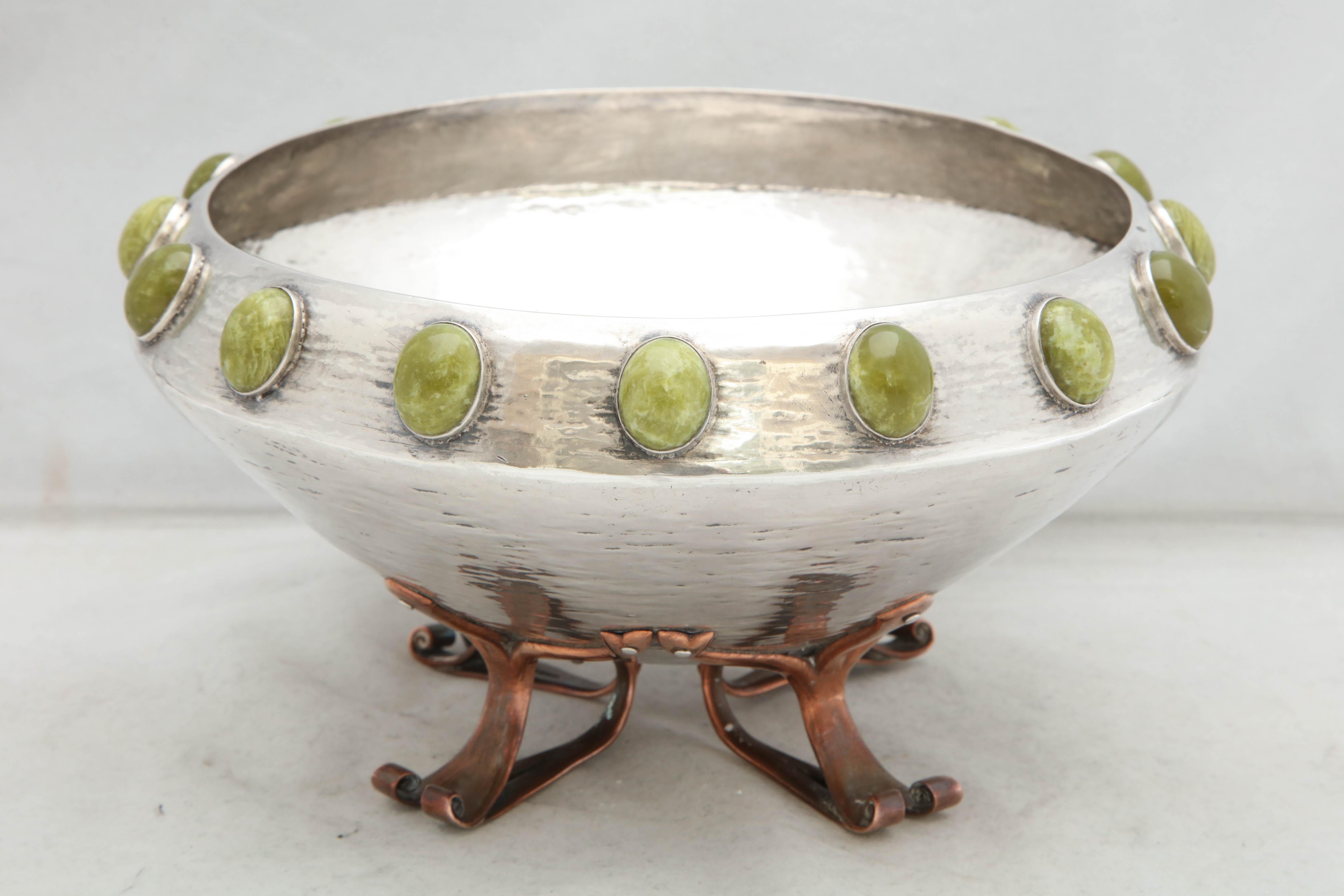 English Arts & Crafts, Sterling Silver, Mixed Metals and Hardstone Bowl