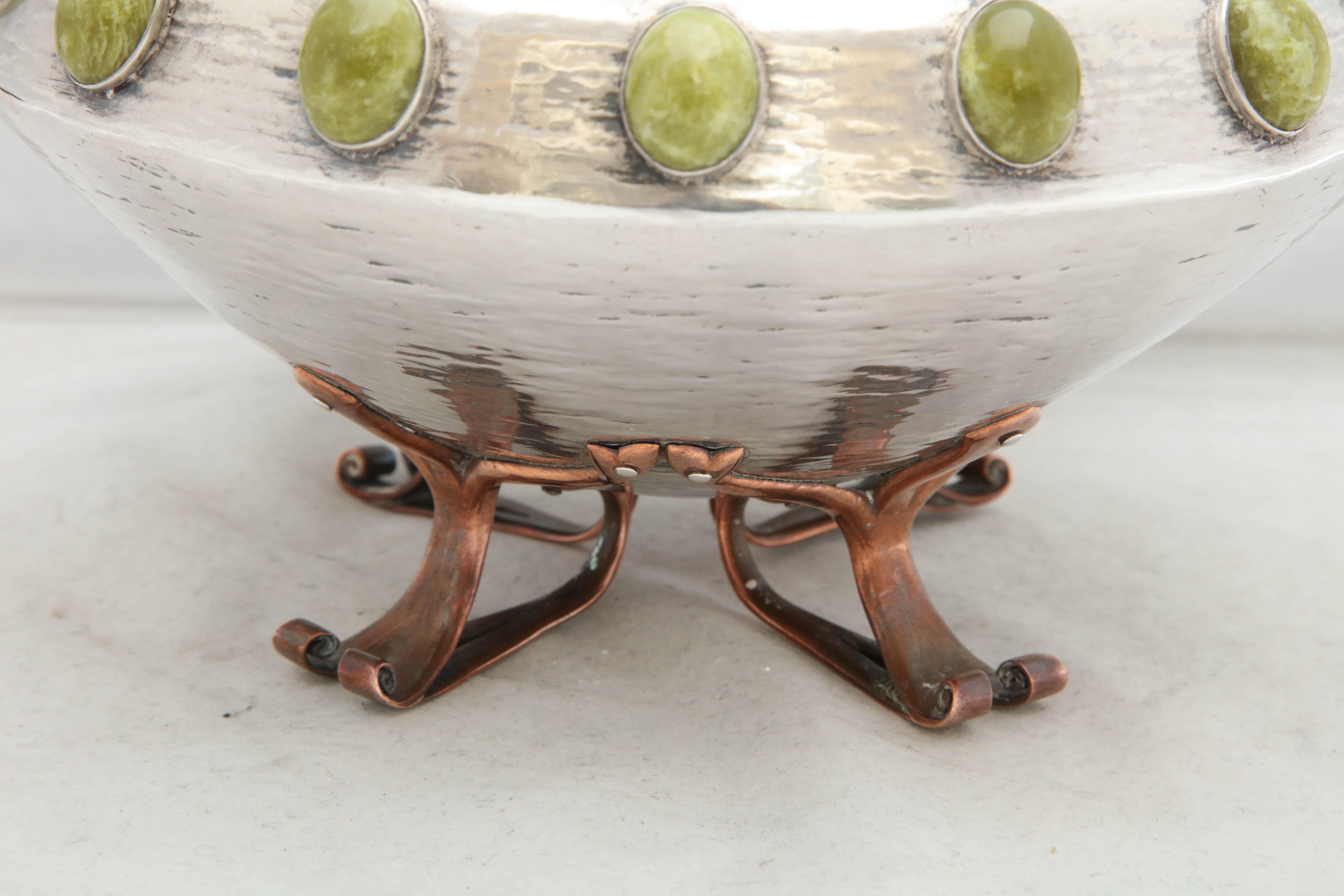 Hammered Arts & Crafts, Sterling Silver, Mixed Metals and Hardstone Bowl