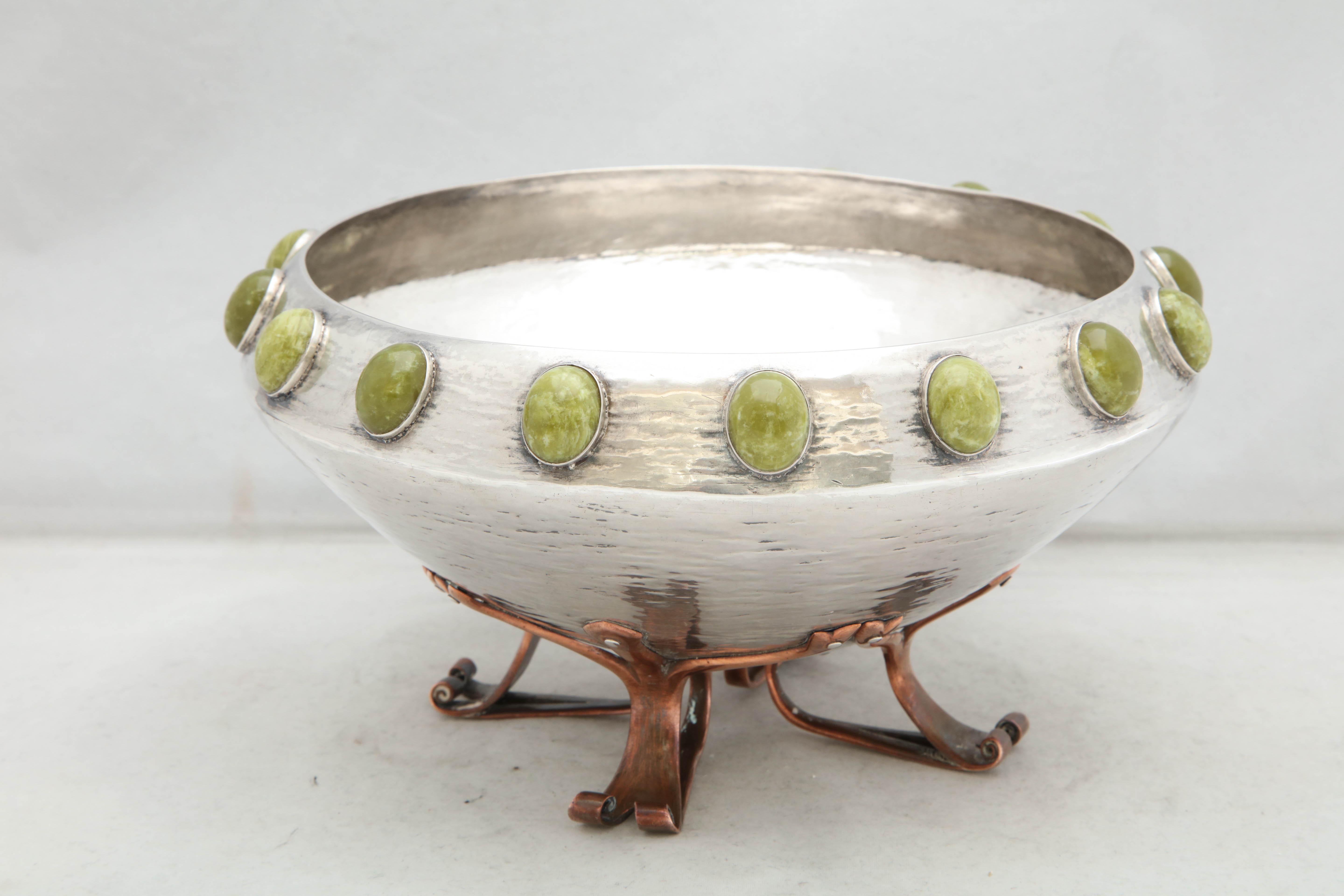 Arts & Crafts, Sterling Silver, Mixed Metals and Hardstone Bowl In Excellent Condition In New York, NY
