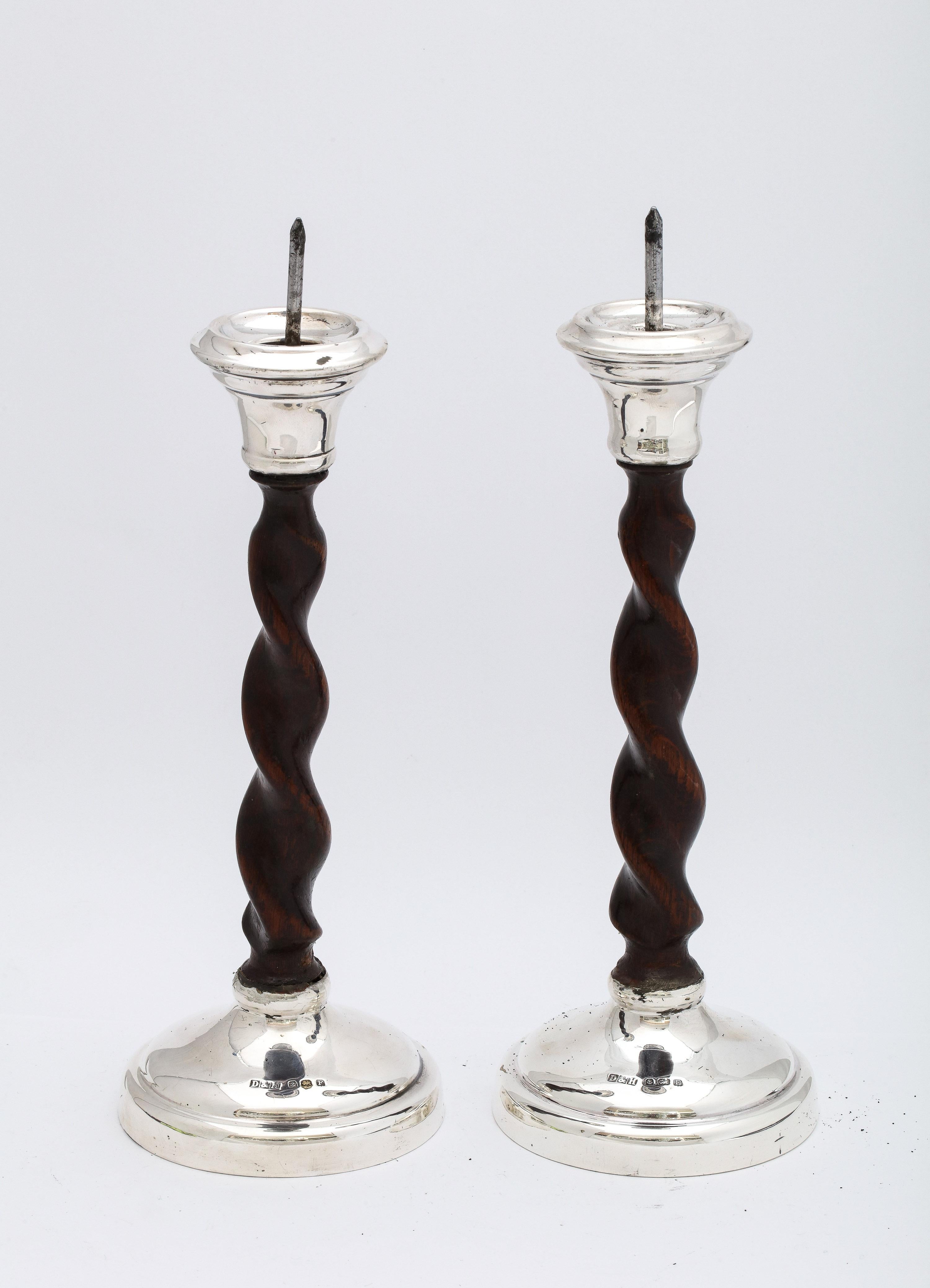 Arts & Crafts Sterling Silver-Mounted Wood Barley Twist Pricket Candlesticks For Sale 6