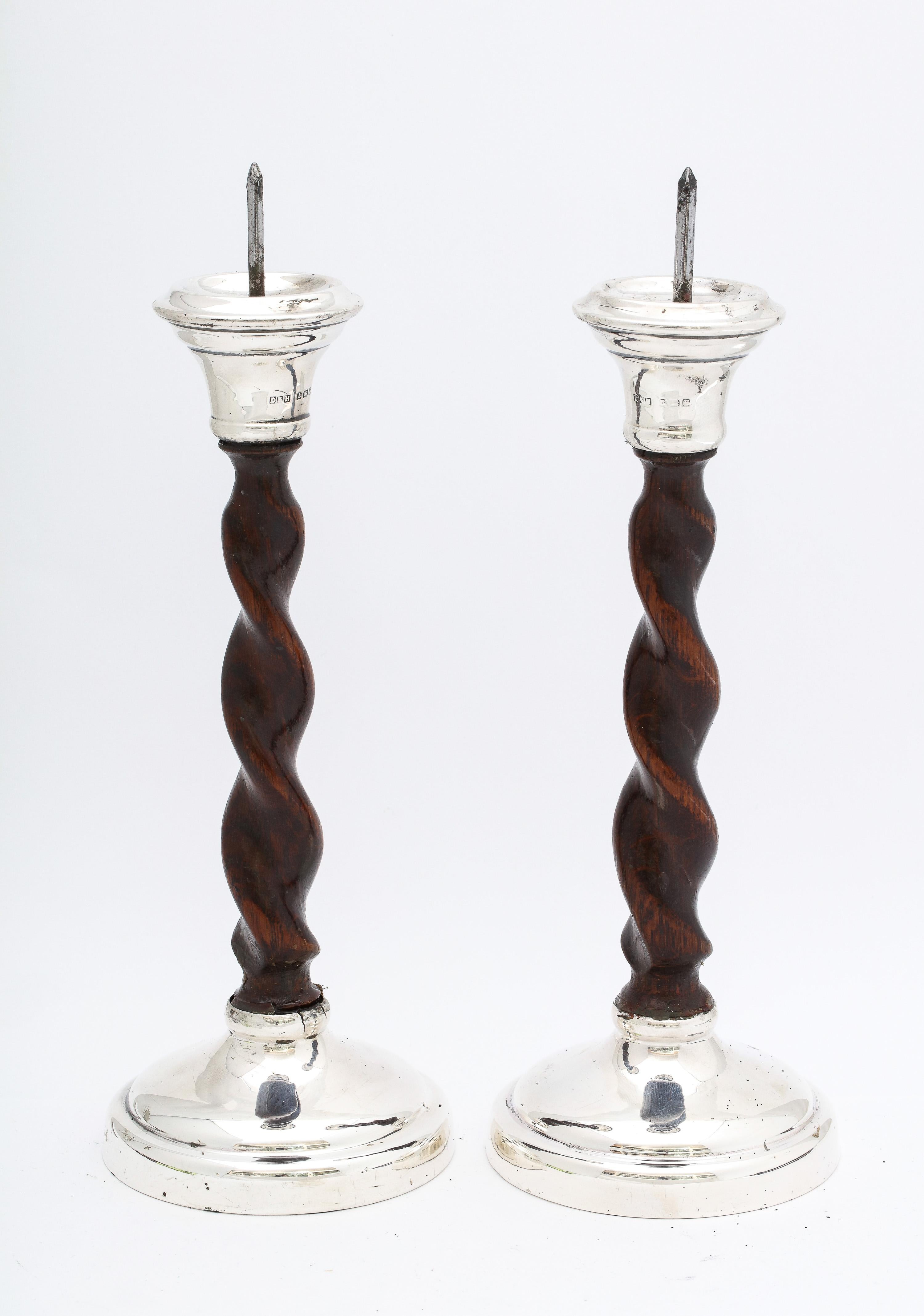Arts and Crafts Arts & Crafts Sterling Silver-Mounted Wood Barley Twist Pricket Candlesticks For Sale