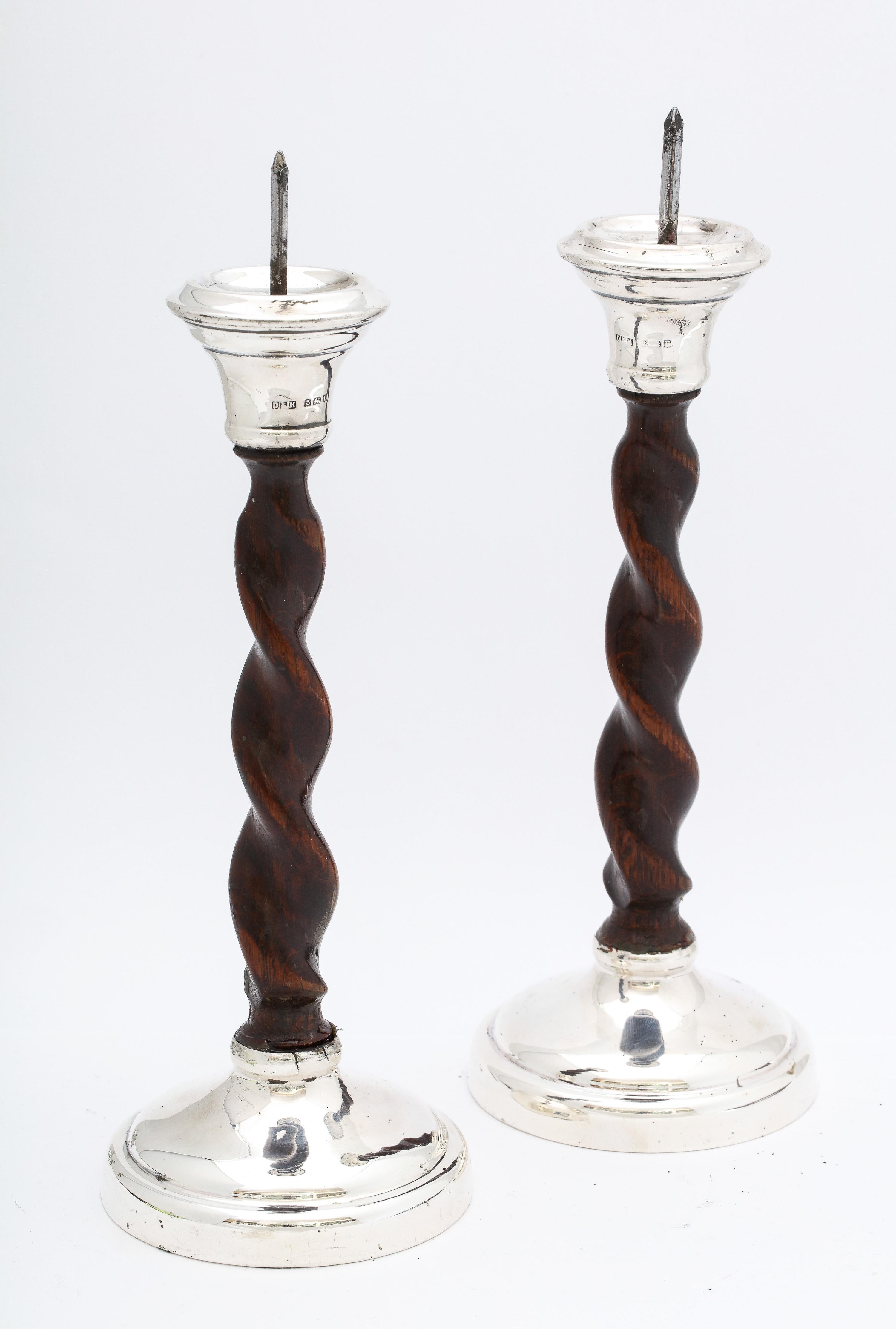 Mid-20th Century Arts & Crafts Sterling Silver-Mounted Wood Barley Twist Pricket Candlesticks For Sale