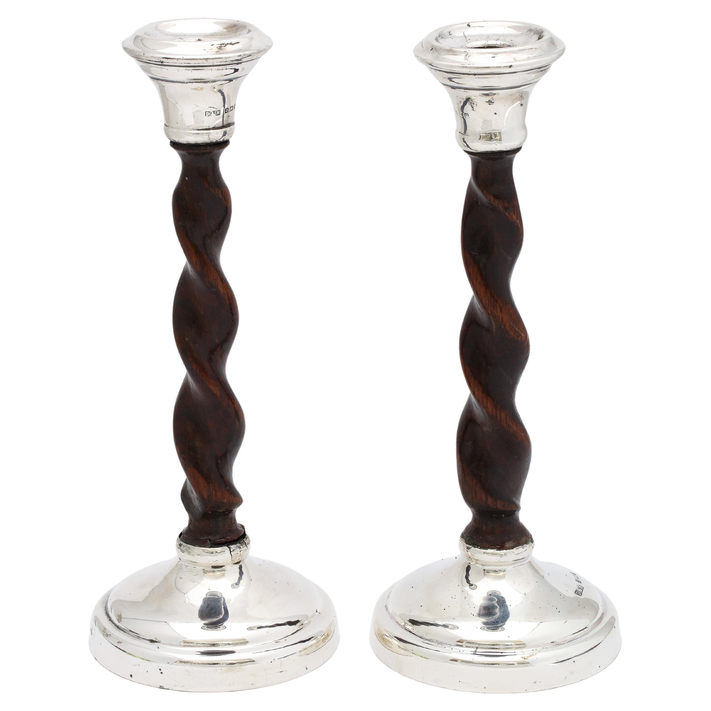 Arts & Crafts Sterling Silver-Mounted Wood Barley Twist Pricket Candlesticks For Sale