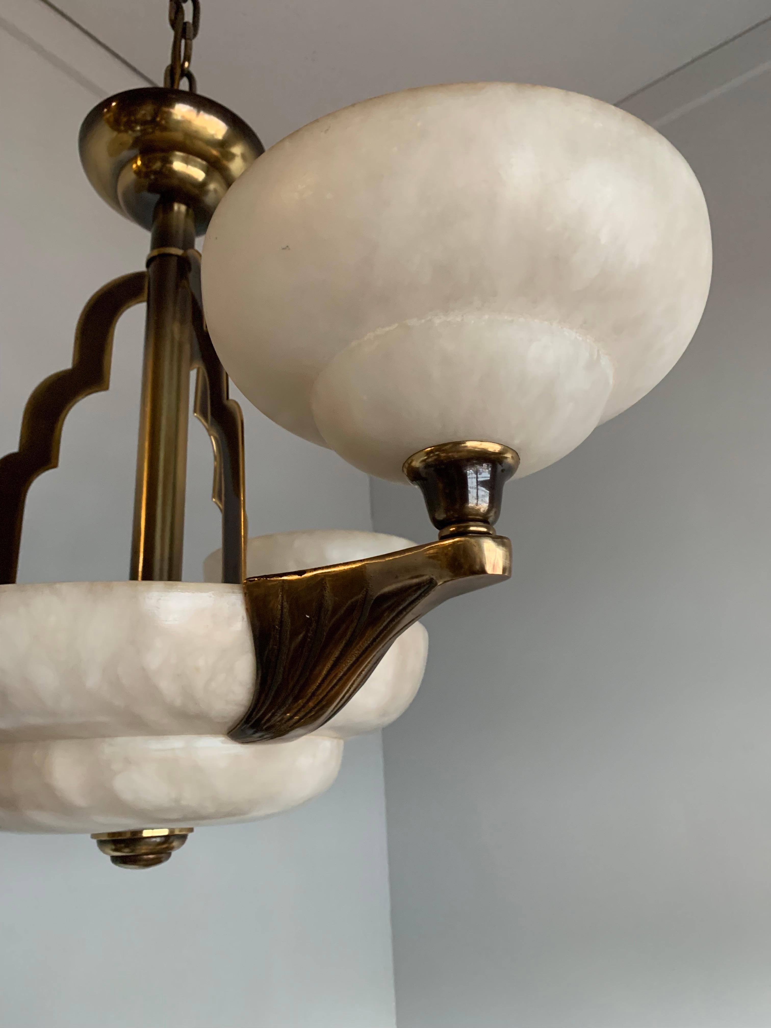 European Art Deco Style White Alabaster & Gold Color Coated Bronze & Brass Pendant Light