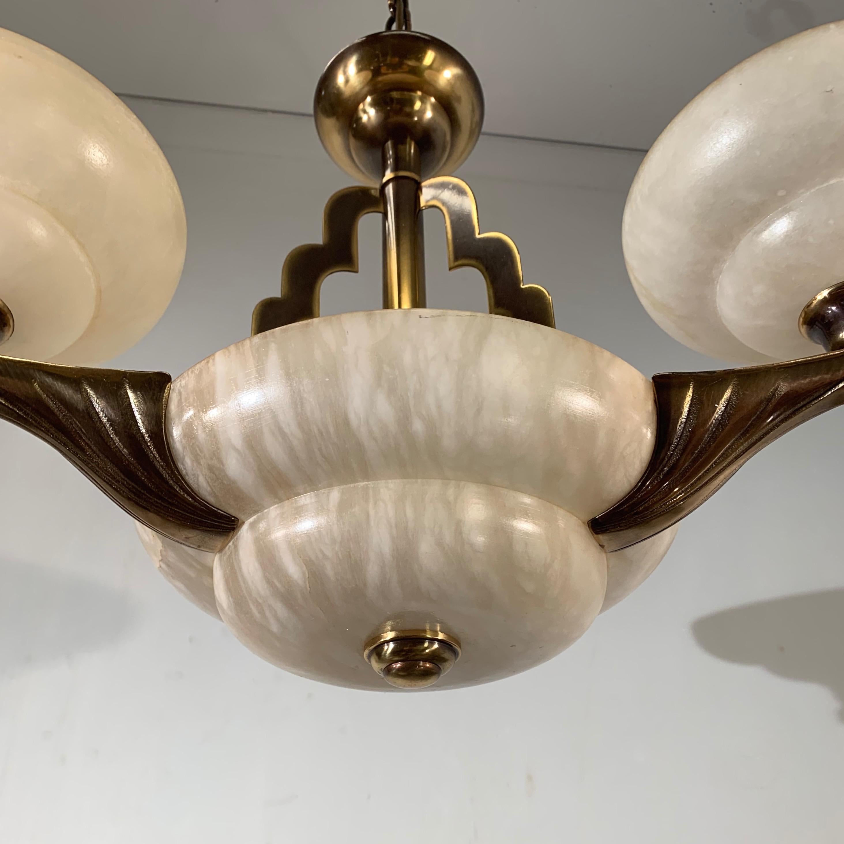 Art Deco Style White Alabaster & Gold Color Coated Bronze & Brass Pendant Light 2