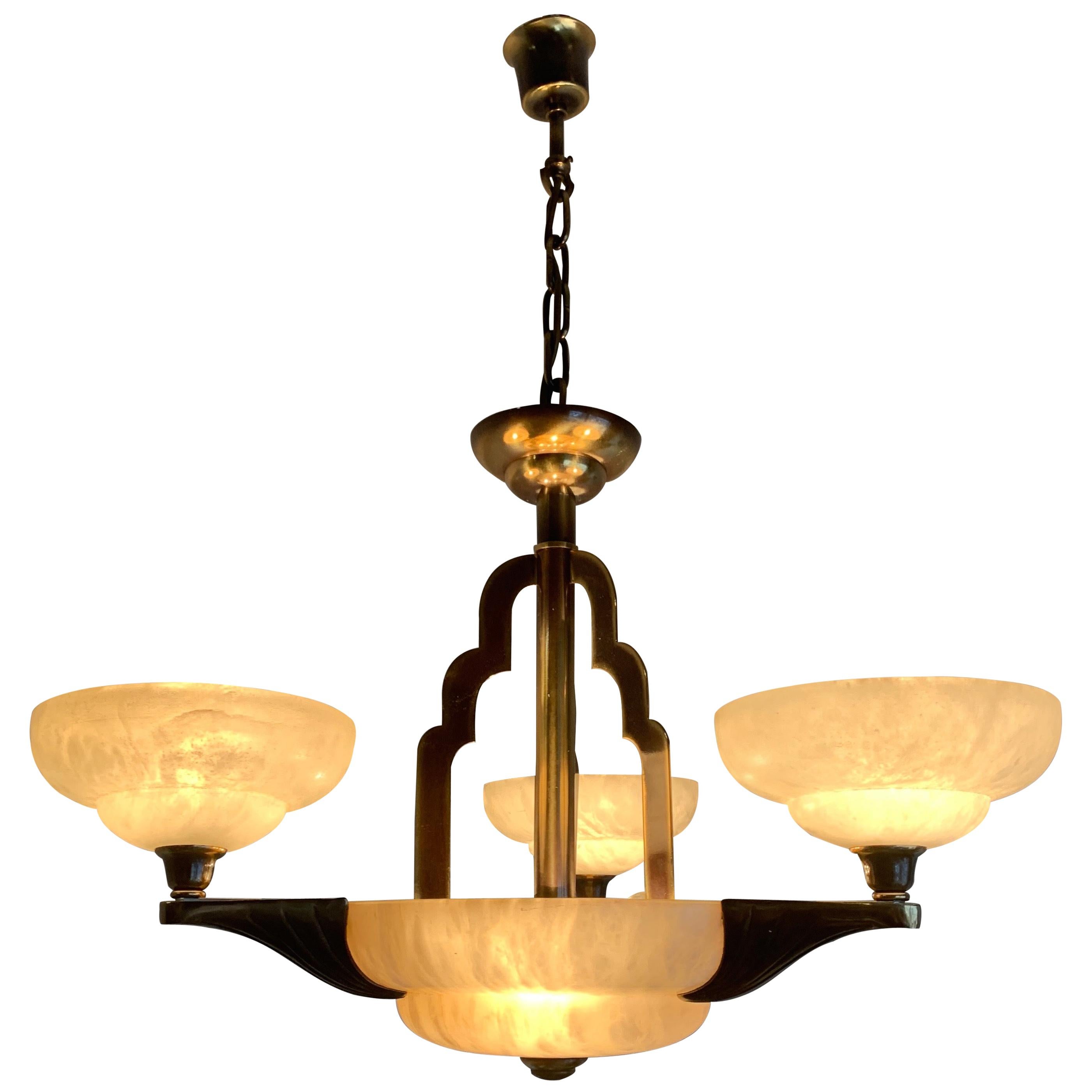 Art Deco Style White Alabaster & Gold Color Coated Bronze & Brass Pendant Light