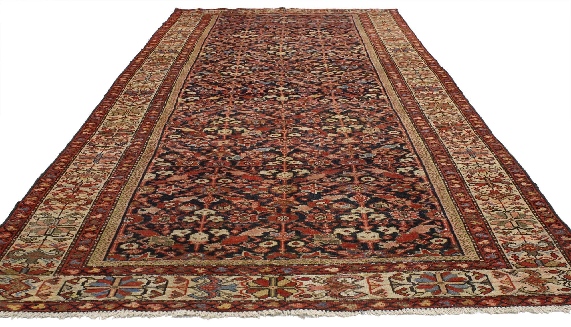 77055 Arts & Crafts style antique Persian Malayer wide hallway runner, gallery rug 05'01 x 11'09. This hand knotted wool antique Persian Malayer runner features a lively all-over floral lattice pattern composed of Mina Khani design and Guli Henna