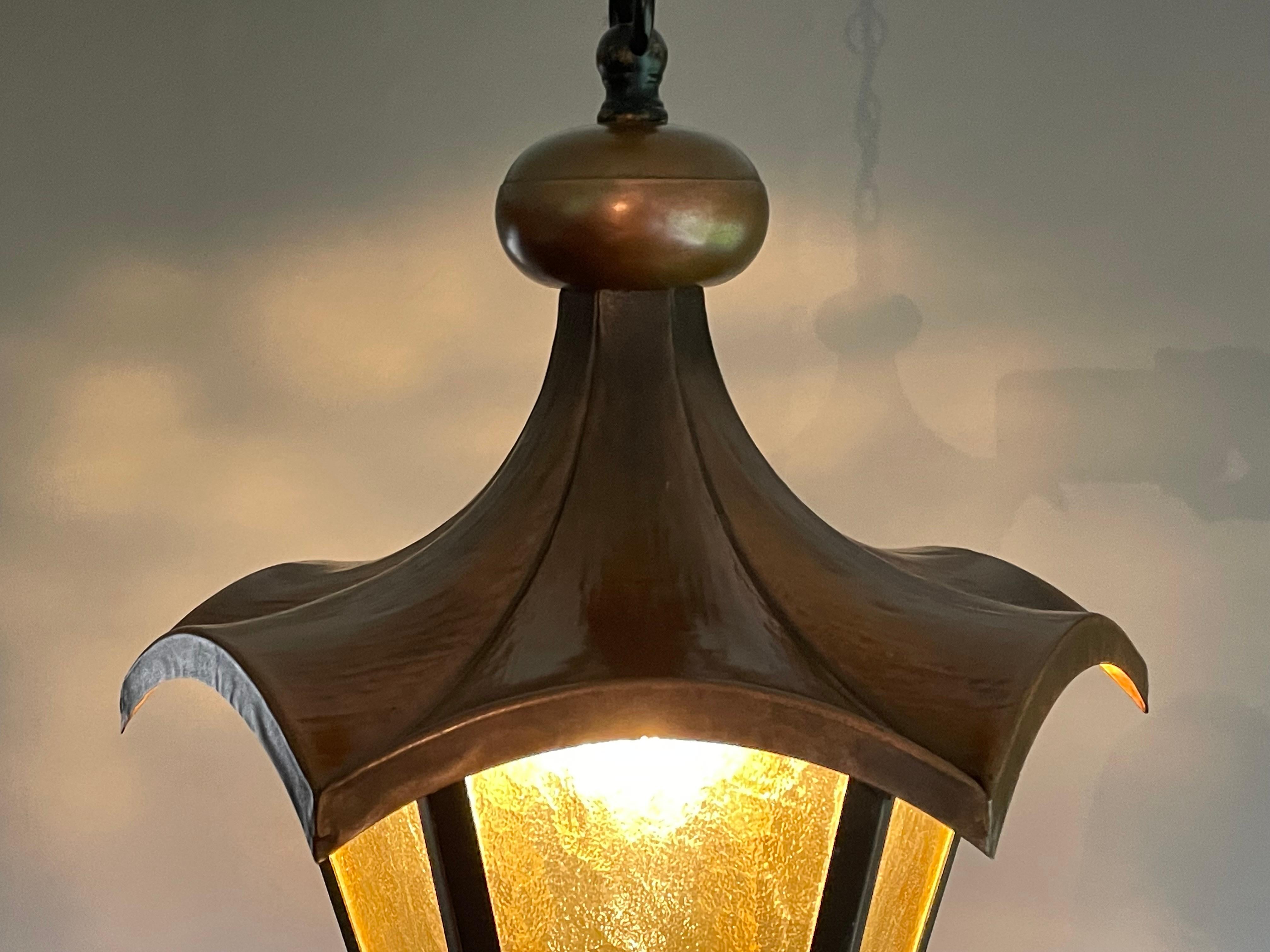 Arts & Crafts Style Brass and Cathedral Glass Entry Hall Pendant / Light Fixture For Sale 1