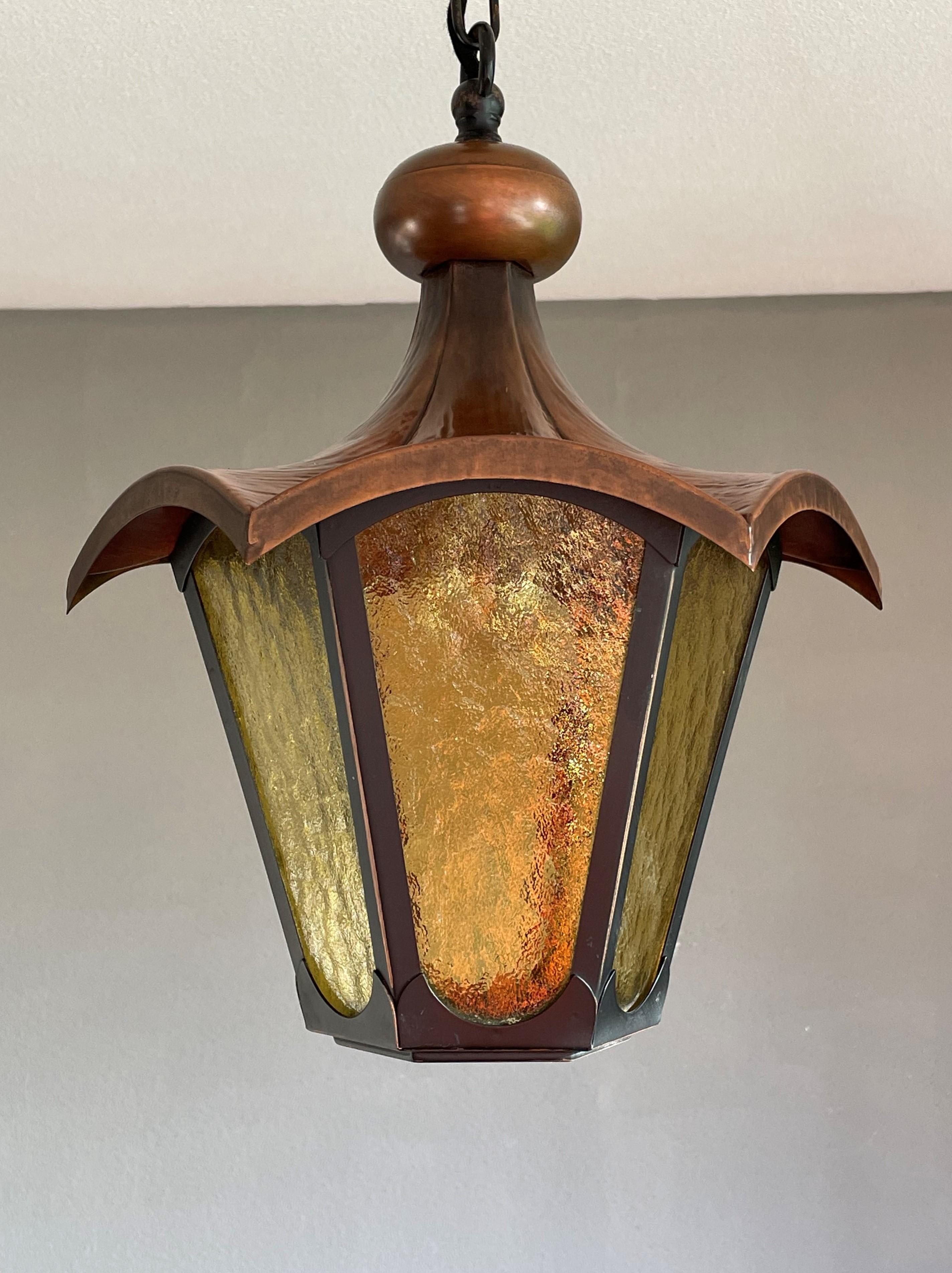 Arts & Crafts Style Brass and Cathedral Glass Entry Hall Pendant / Light Fixture For Sale 2