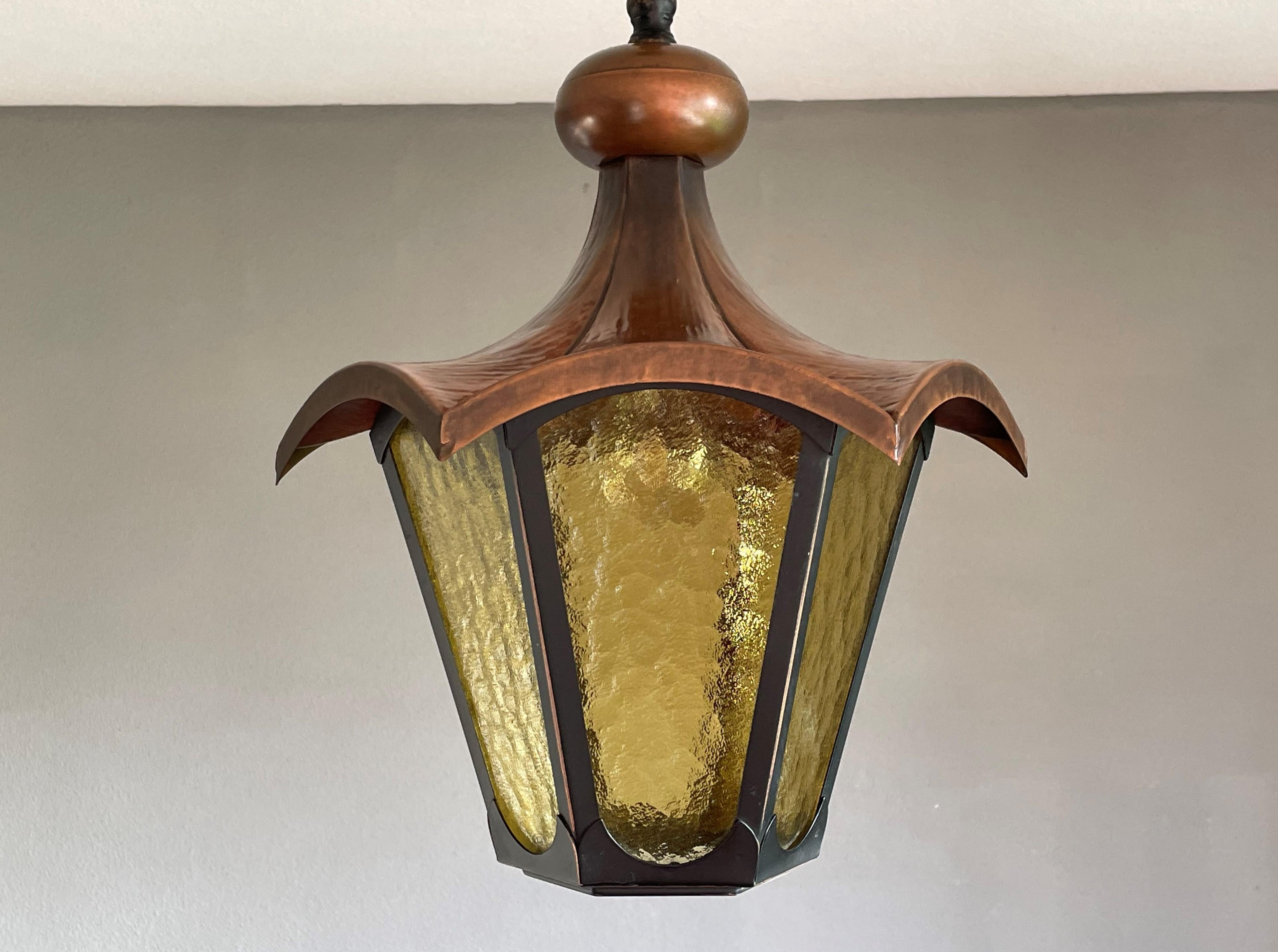 Arts & Crafts Style Brass and Cathedral Glass Entry Hall Pendant / Light Fixture For Sale 10