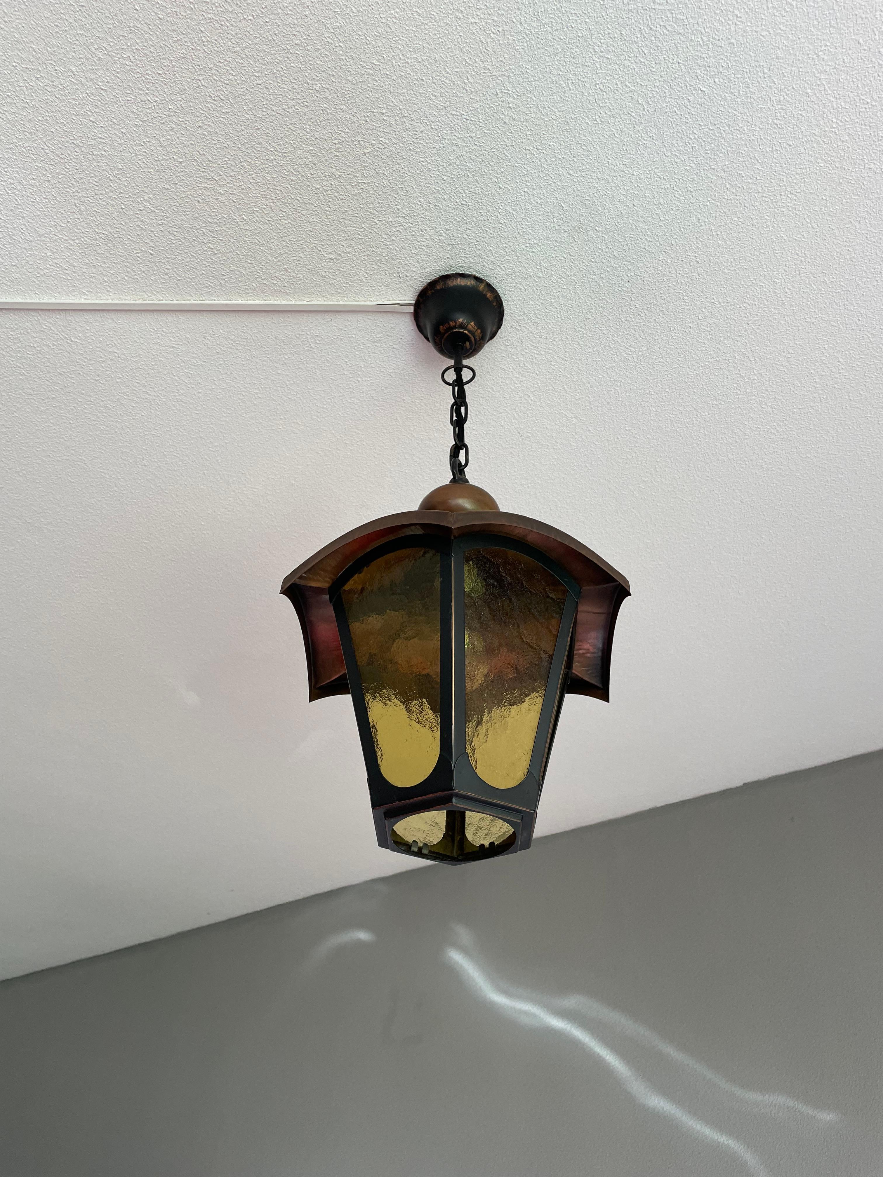 Dutch Arts & Crafts Style Brass and Cathedral Glass Entry Hall Pendant / Light Fixture For Sale