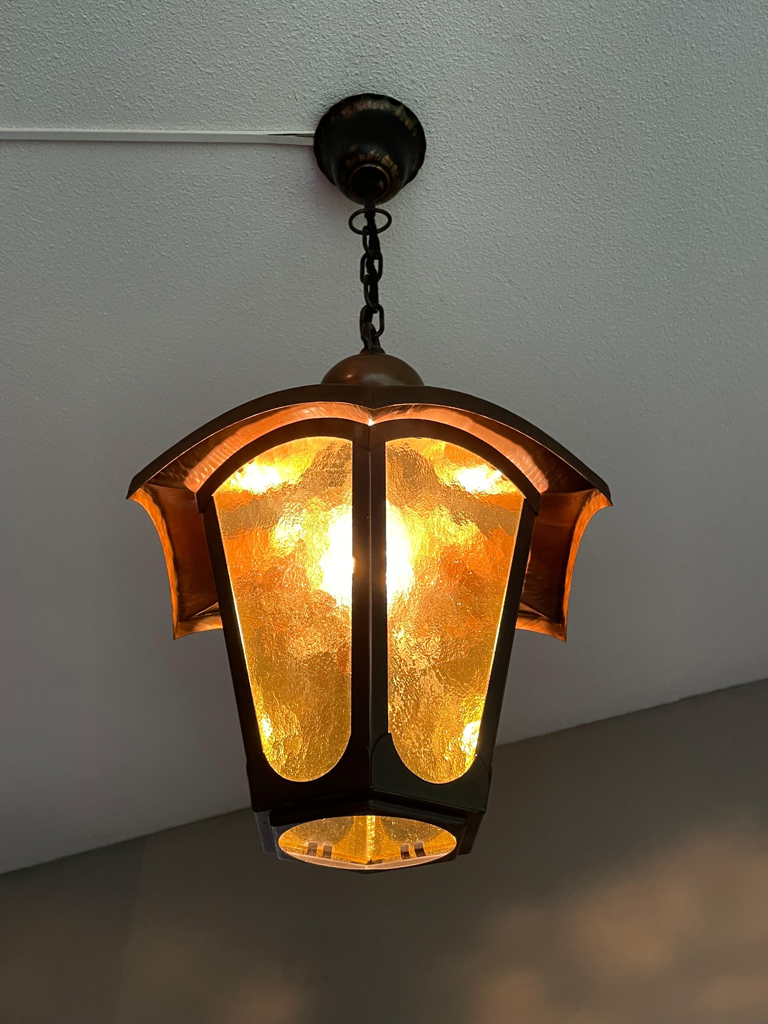 Blackened Arts & Crafts Style Brass and Cathedral Glass Entry Hall Pendant / Light Fixture For Sale