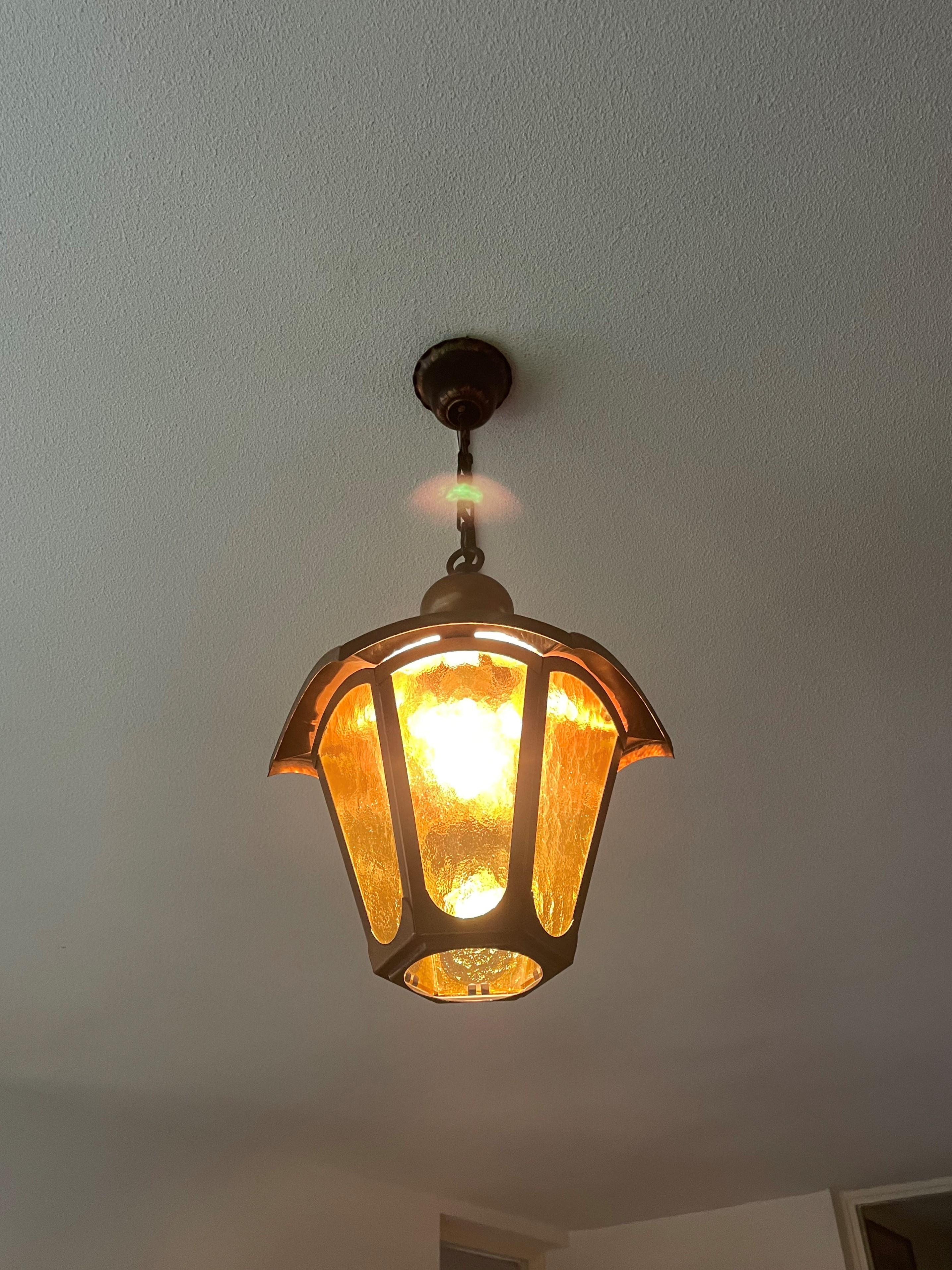20th Century Arts & Crafts Style Brass and Cathedral Glass Entry Hall Pendant / Light Fixture For Sale